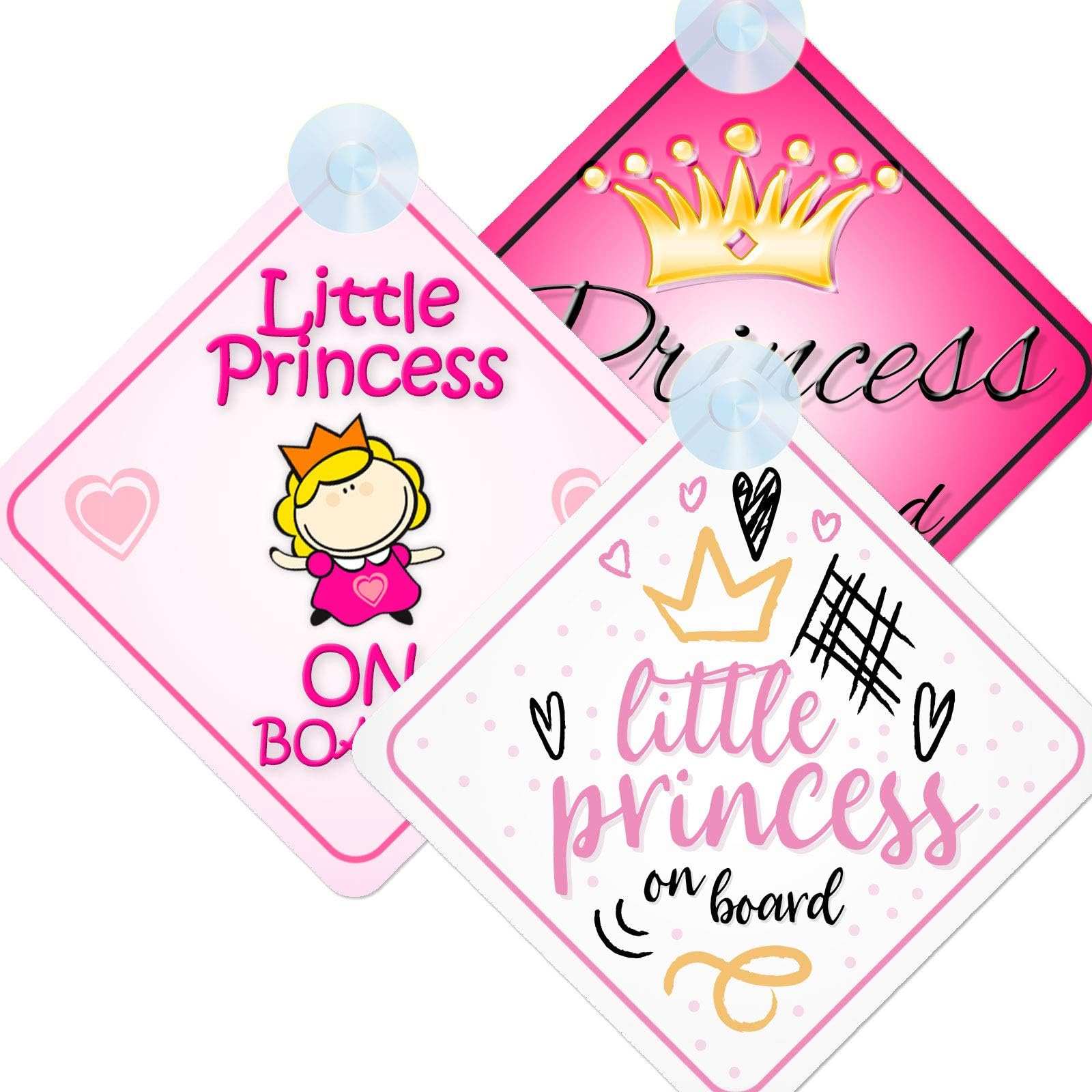 QG Ltd Princess on Board Baby/Child Sign for Car, 3pcs Kids Safety Warning Triple Pack with Suction Cups Little Princess/Princess001/Princess024