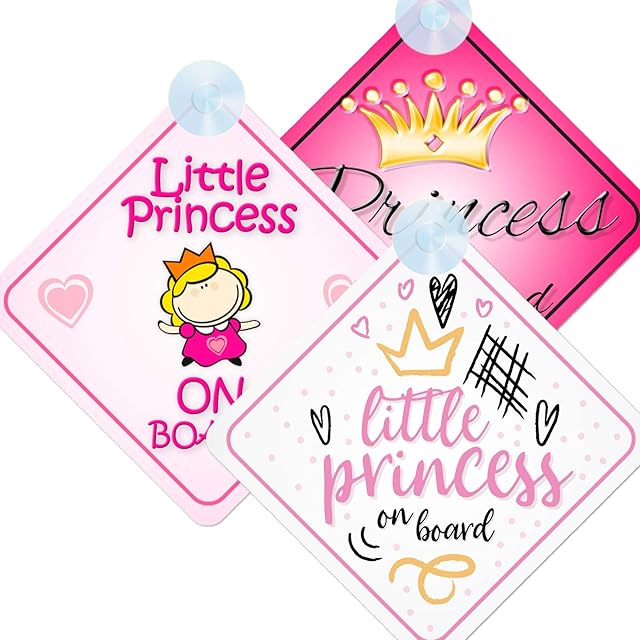 mybabyonboard UK Princess on Board Baby/Child Sign for Car, 3pcs Kids Safety Warning Triple Pack with Suction Cups Little Princess/Princess001/Princess024