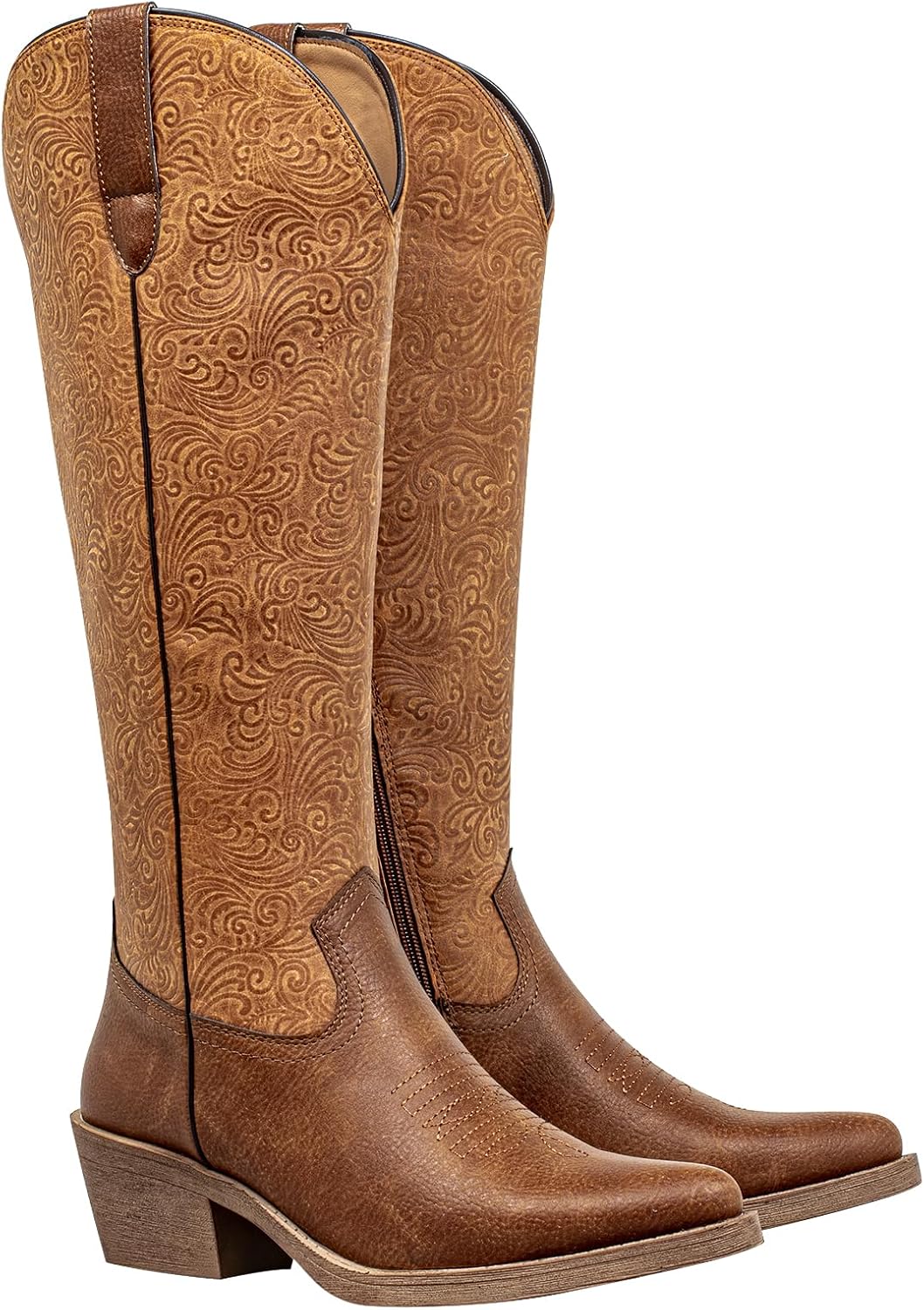 SheSole Knee High Cowboy Boots for Women - Tall Cowgirl Western Boots with Wide Calf, Pointed Toe, Chunky Block Heel & Fashion Embossed PU Leather
