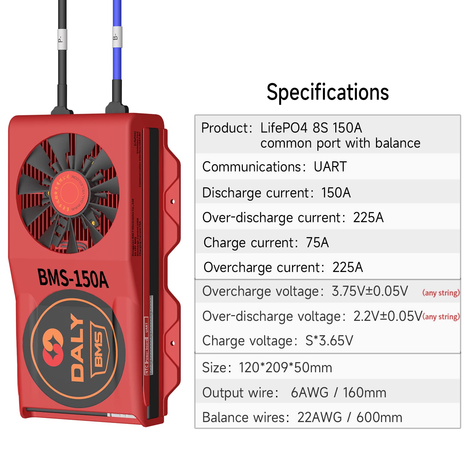 DALY Smart BMS LiFePo4 8S 24V 150A con ventola di raffreddamento, modulo Bluetooth per app di monitoraggio dei dati visibili, comunicazione UART per batteria al litio da 3,2 V nominale bms 24v
