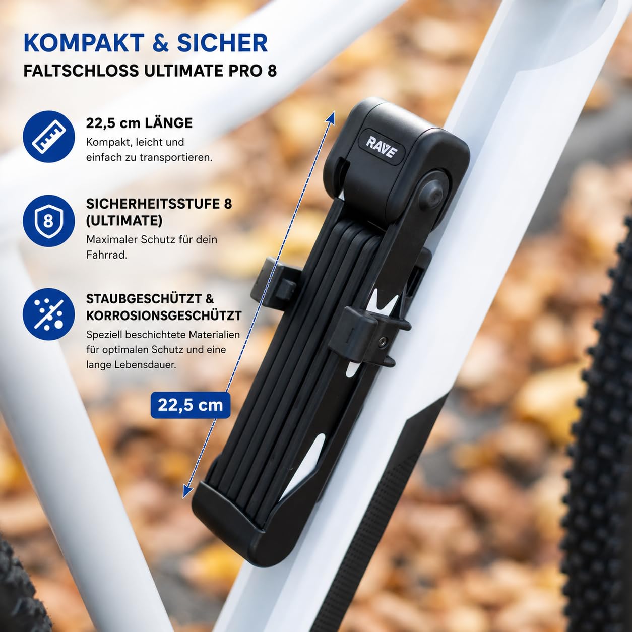 RAVE Faltschloss 95 cm – Fahrradschloss mit Halterung & Schlüssel – stabiles Sicherheits-Faltschloss für Fahrrad, E-Bike & MTB – schwarz