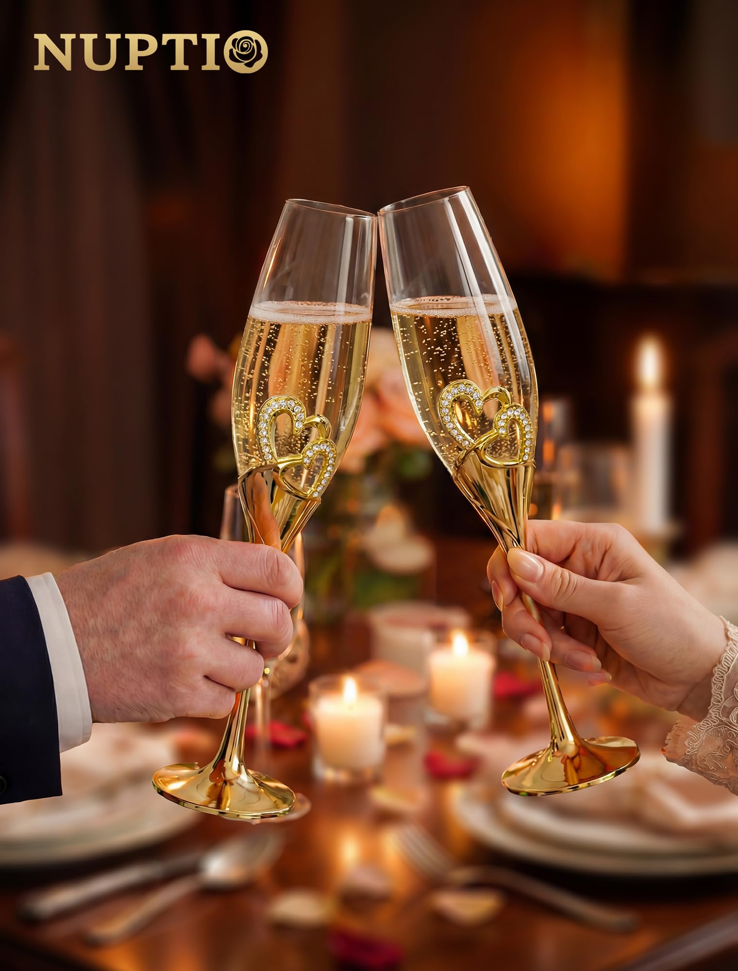 NUPTIO Kryształowe kieliszki do szampana ślub: zestaw 2 złotych kieliszków do szampana z drewnianym pudełkiem prezentowym, para kieliszków Prosecco dla par, dla panny młodej i pana młodego, zaręczyny