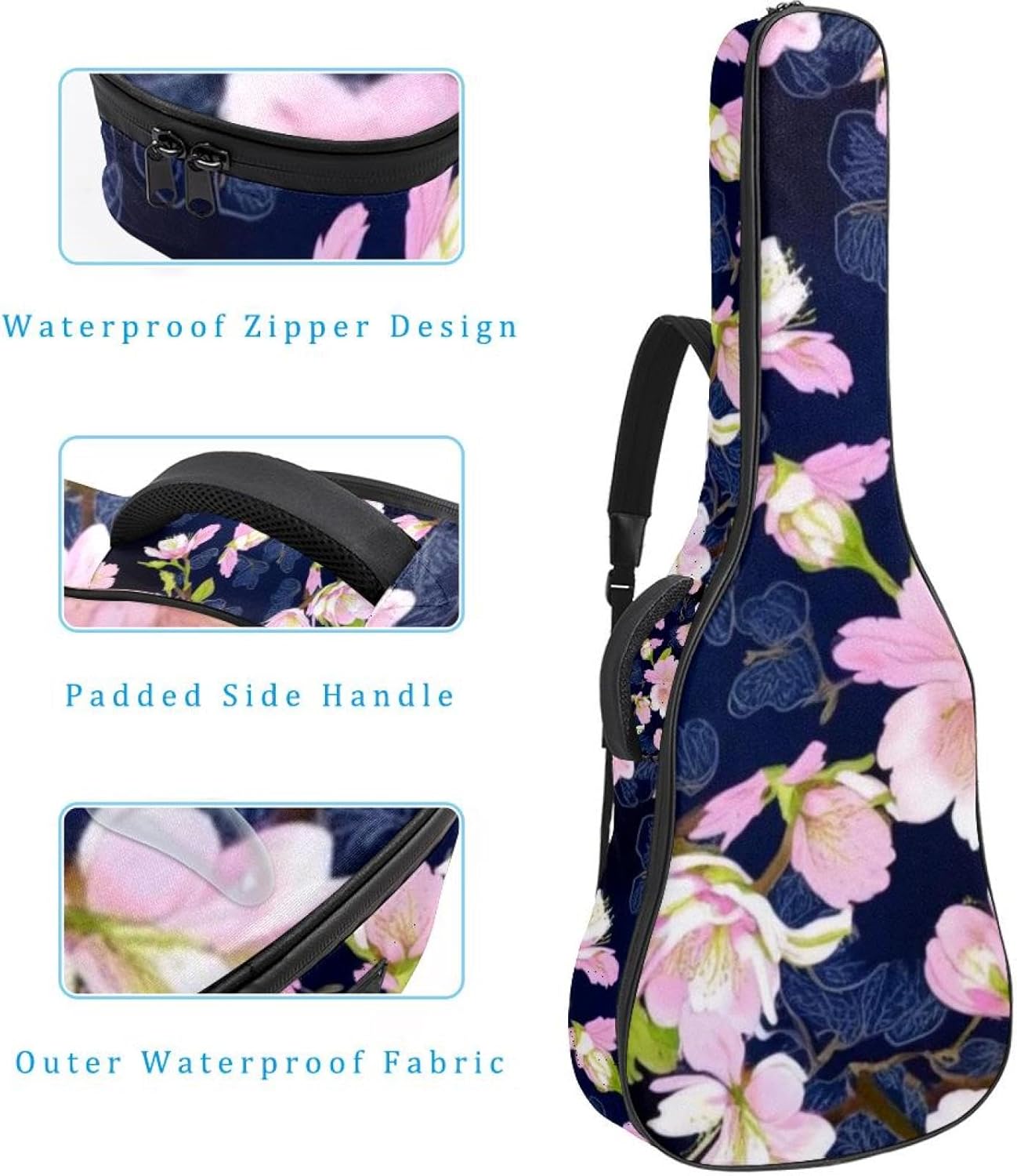 40/41/42-inch Aesthetic Cherry Blossoms Acoustic Guitar Bag With Adjustable Shoulder Strap And 2 Storage Bags. Guitar Bag With Back Hanging Loop, Electric, and Classical Guitars