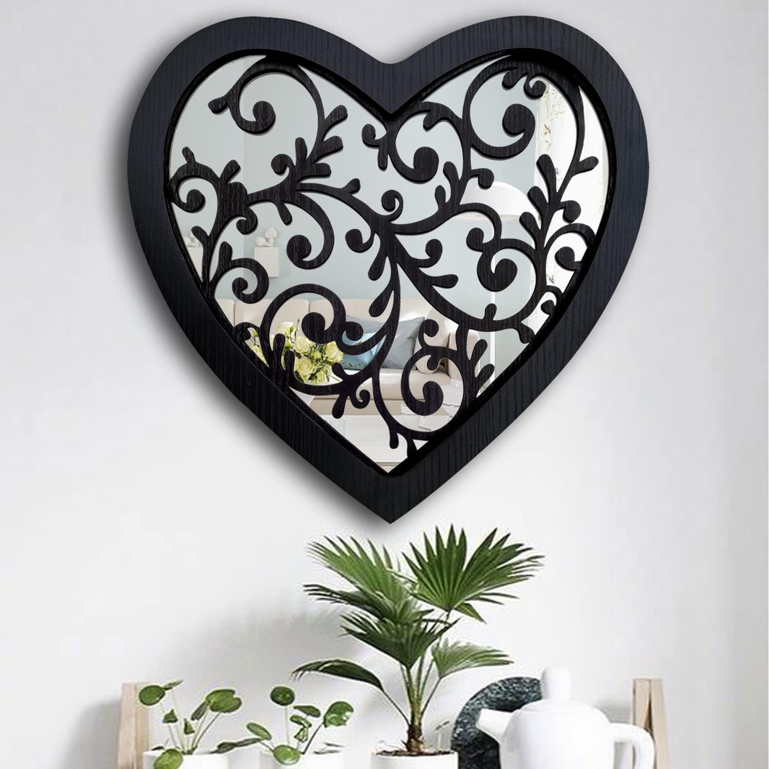Wocred Heart Mirror Farmhouse Wall Decor,Gorgeous Rustic Farmhouse Accent Mirror,Black Color Entry Mirror for Bathroom,Bedrooms,Living Rooms and More(20”x20.7”)