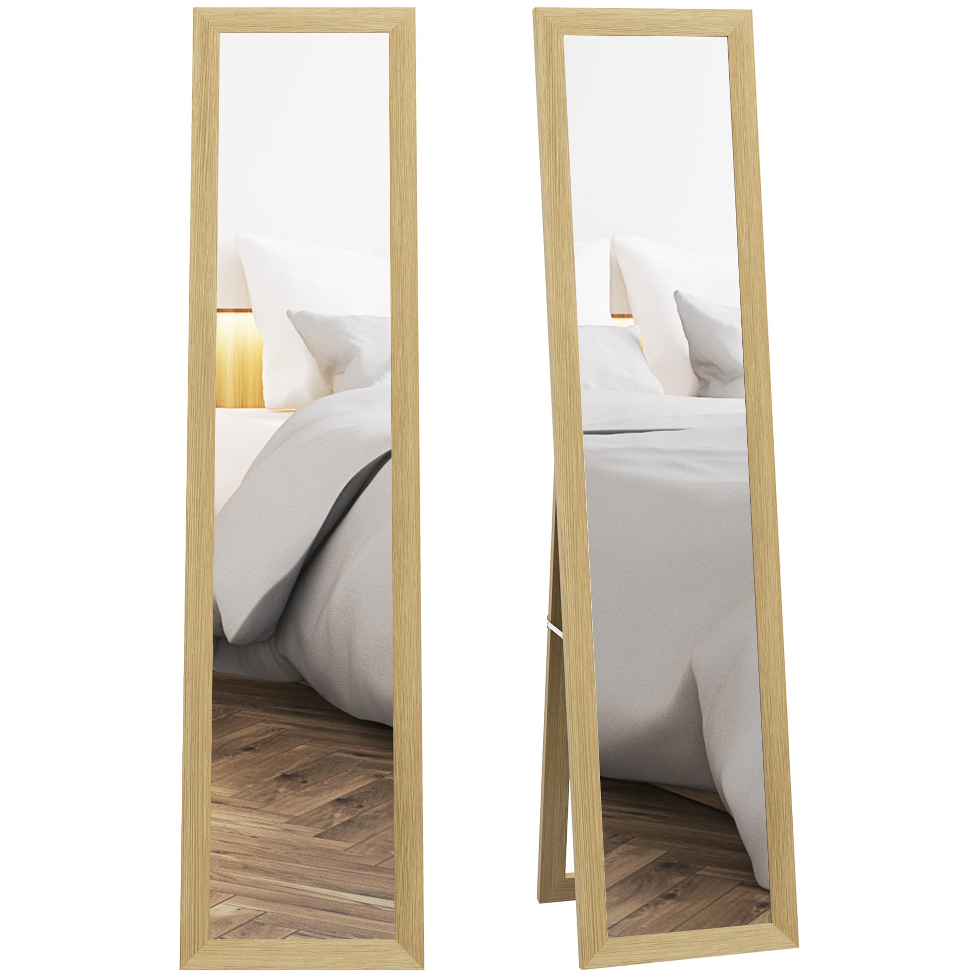 Homcom Natural Full Length Mirror, 37 X 157 Cm, Hanging Or Freestanding, Rectangular Glass Full Body Mirror With Frame For Living Room, Bedroom, Cloakroom,