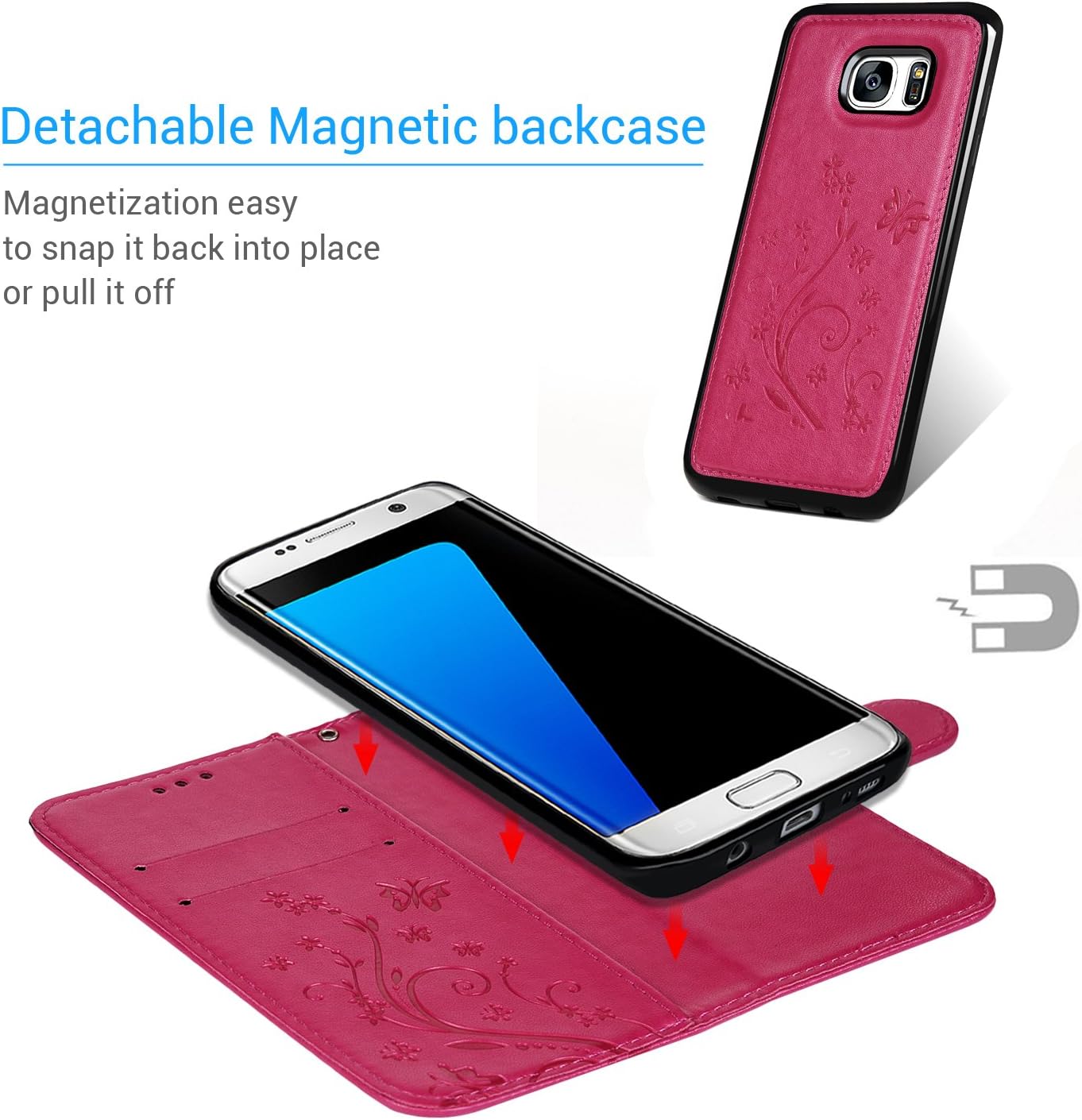 Compatible with iPhone X Case, iPhone Xs Wallet Case Premium PU Leather Oil Wax Embossed Elephant Detachable Magnetic Cover Credit Card Cash Slots Cover for iPhone X/XS (Butterfly-Hot Pink)