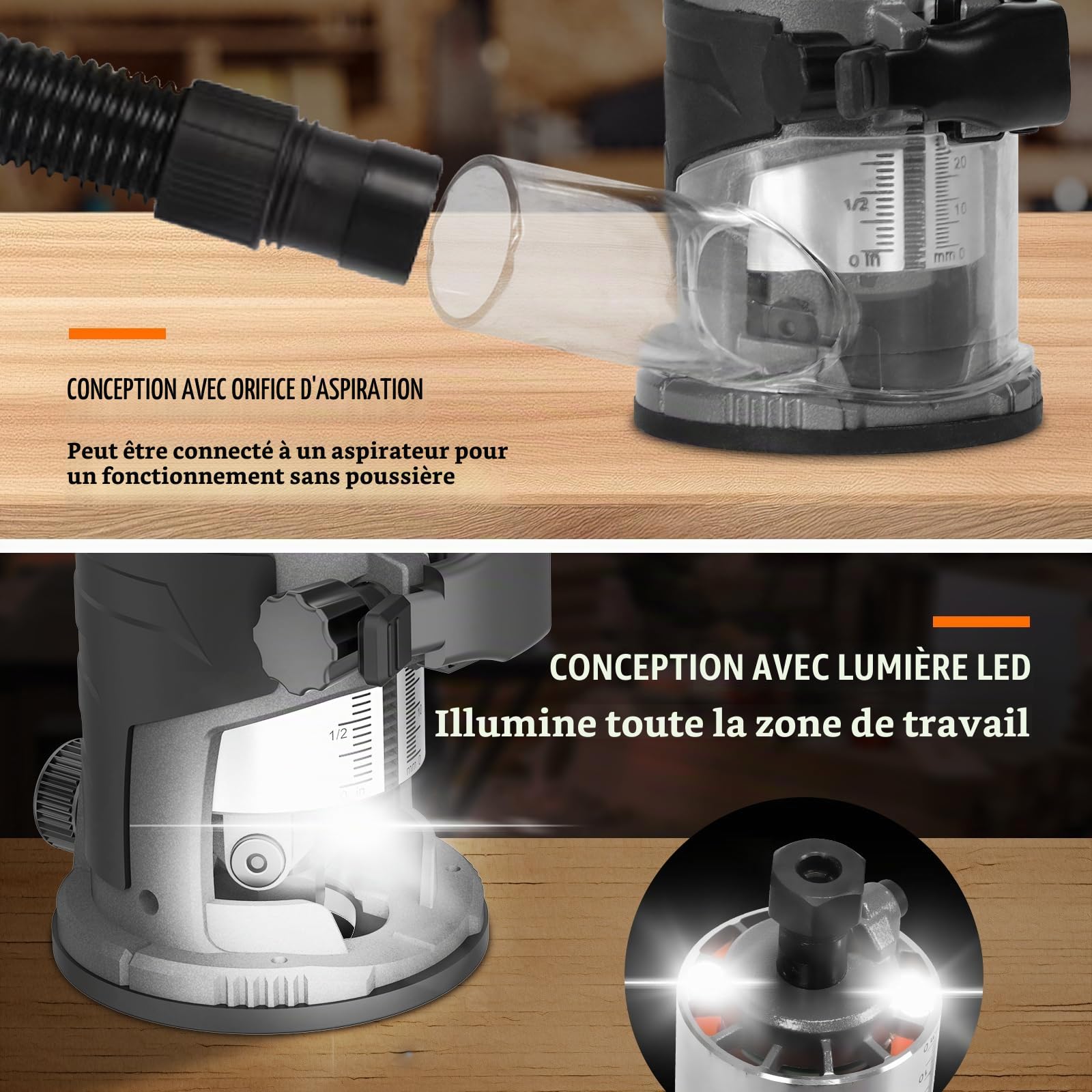 Affleureuse Sans Fil Compatible avec Batterie Makita 18 V, Brushless Affleureuse Sans Fil avec 6 Vitesses, 10000-30000RPM, 5 Fraises à Défoncer, Guide Droit, Roue de Guidage (Sans Batterie)