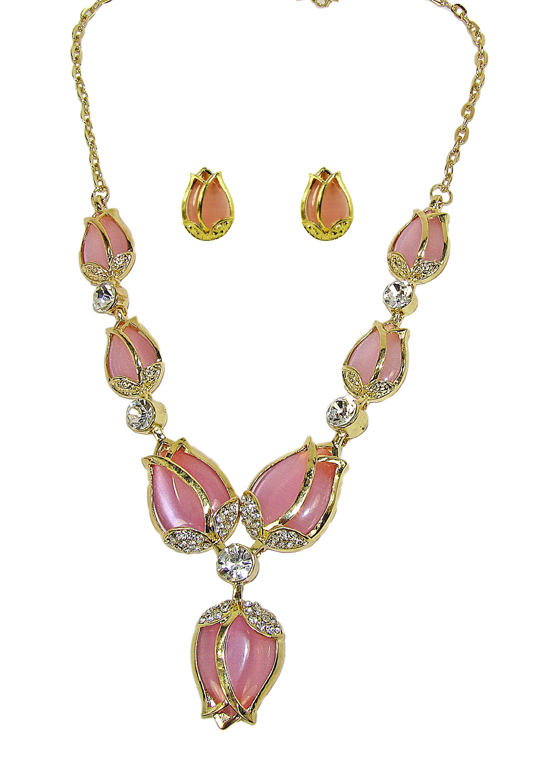 Pink tulip flower statement necklace and earring set in pink cats eye stone and clear crystals