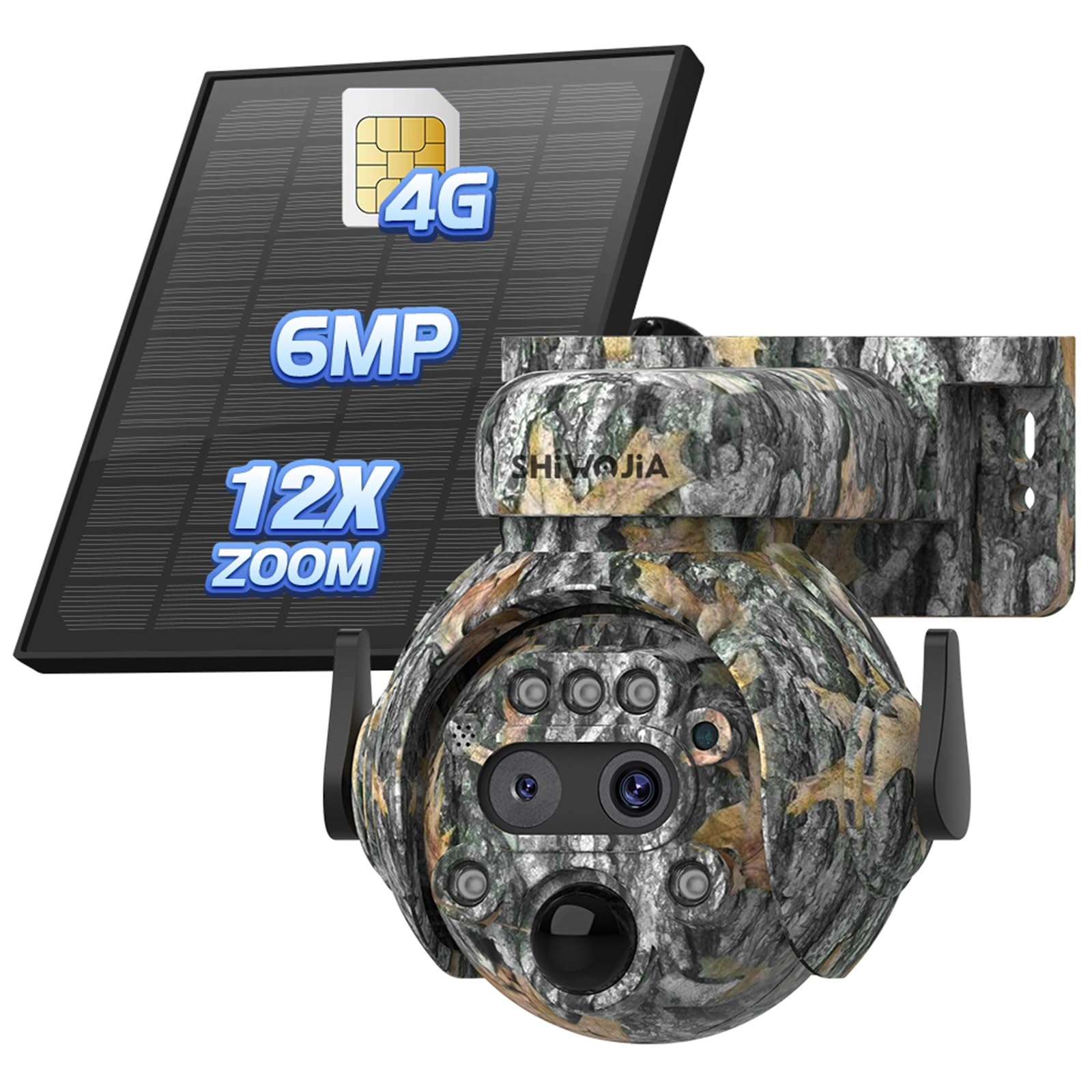 SHIWOJIA 12X Zoom 4G Telecamera SIM Esterno, 6MP 360° PTZ Fotocamera da Caccia Camuffare 4G LET Solare, Rilevamento PIR, Notturno Colore, Audio Bidirezionale