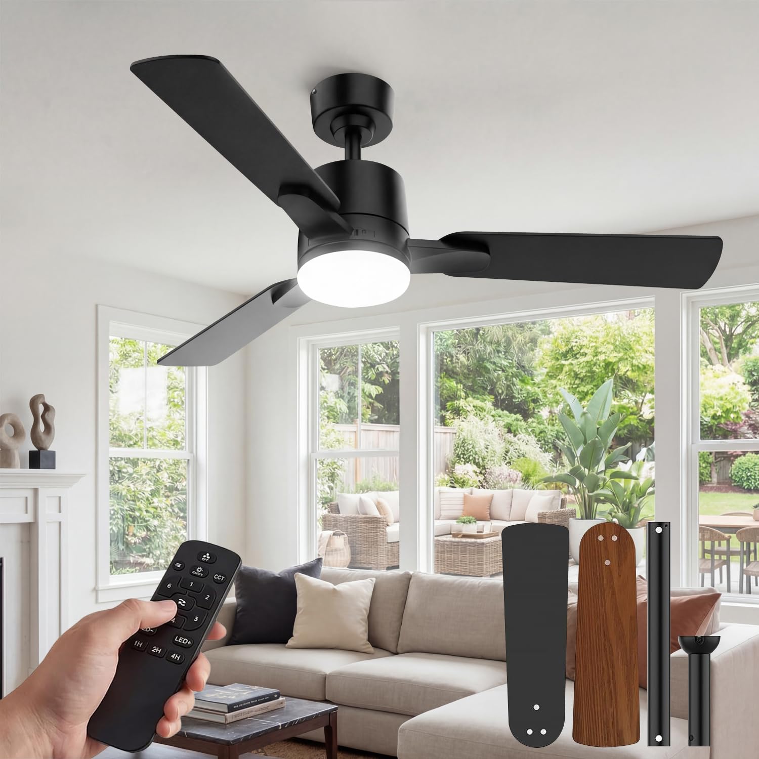 Photo 1 of 42" Ceiling Fan with Light and Remote, 6 Speed, Reversible Quiet DC Motor, 3CCT & Dimmable, Fast Install, Dual Finish 3 Blades Downrod Ceiling Fan with Lights for Bedroom, Living Room, Apartment