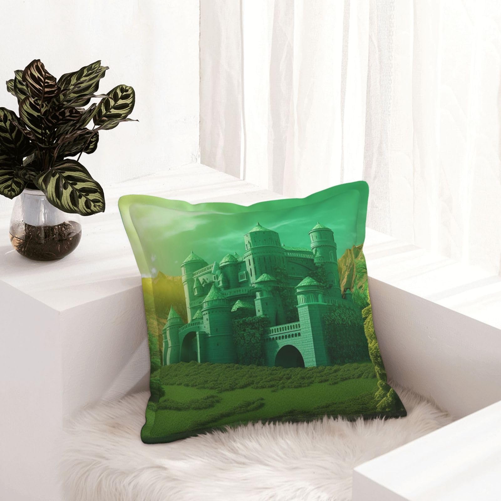 Housse de coussin moderne similicuir vert château 45x45 décoration canapé salon rustique