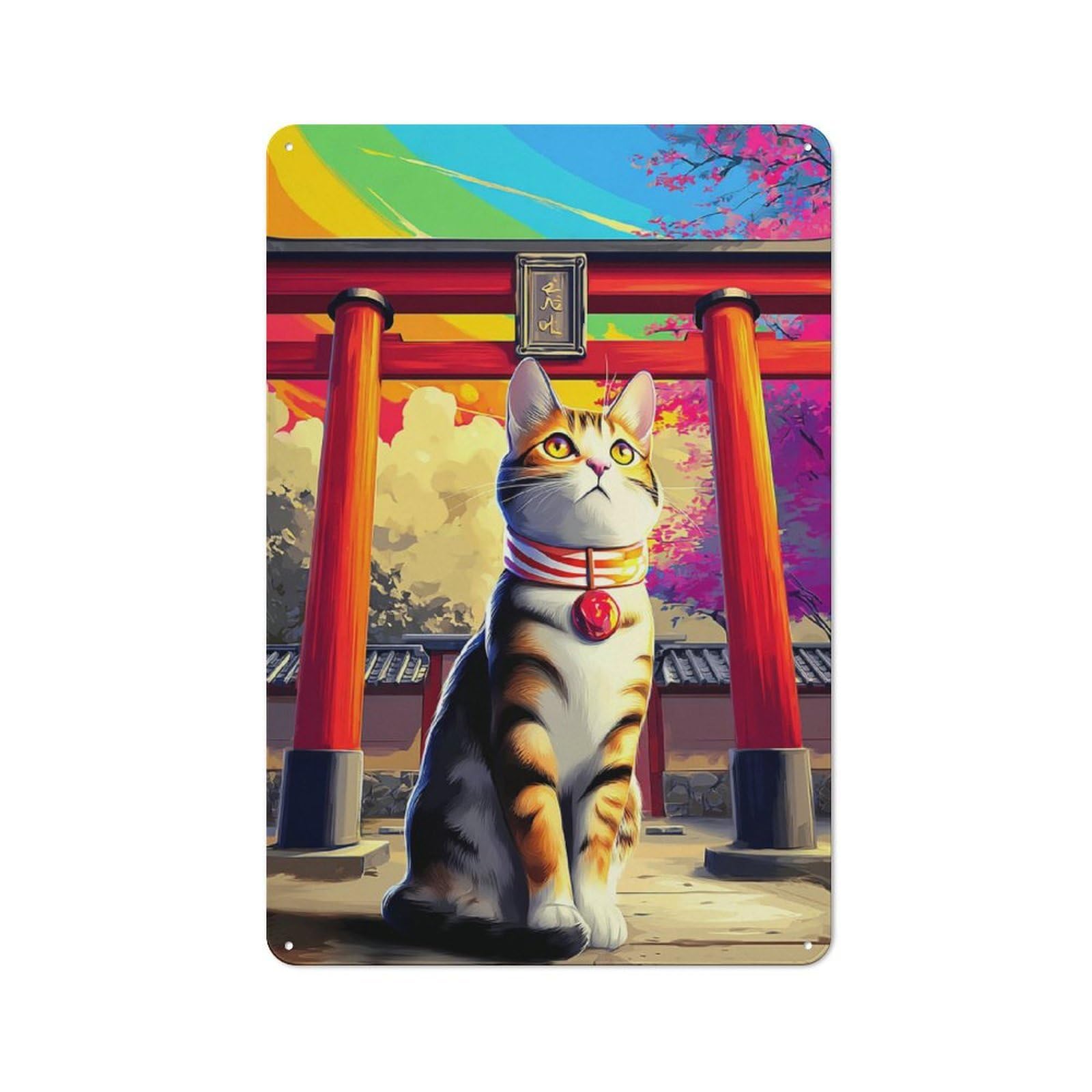 Junmoney Japanese Torii Gate With Tabby Cat Retro Vintage Metal Sign 30X20cm, Small Space Decor For Hallway, Home Bar, Garage Or Study