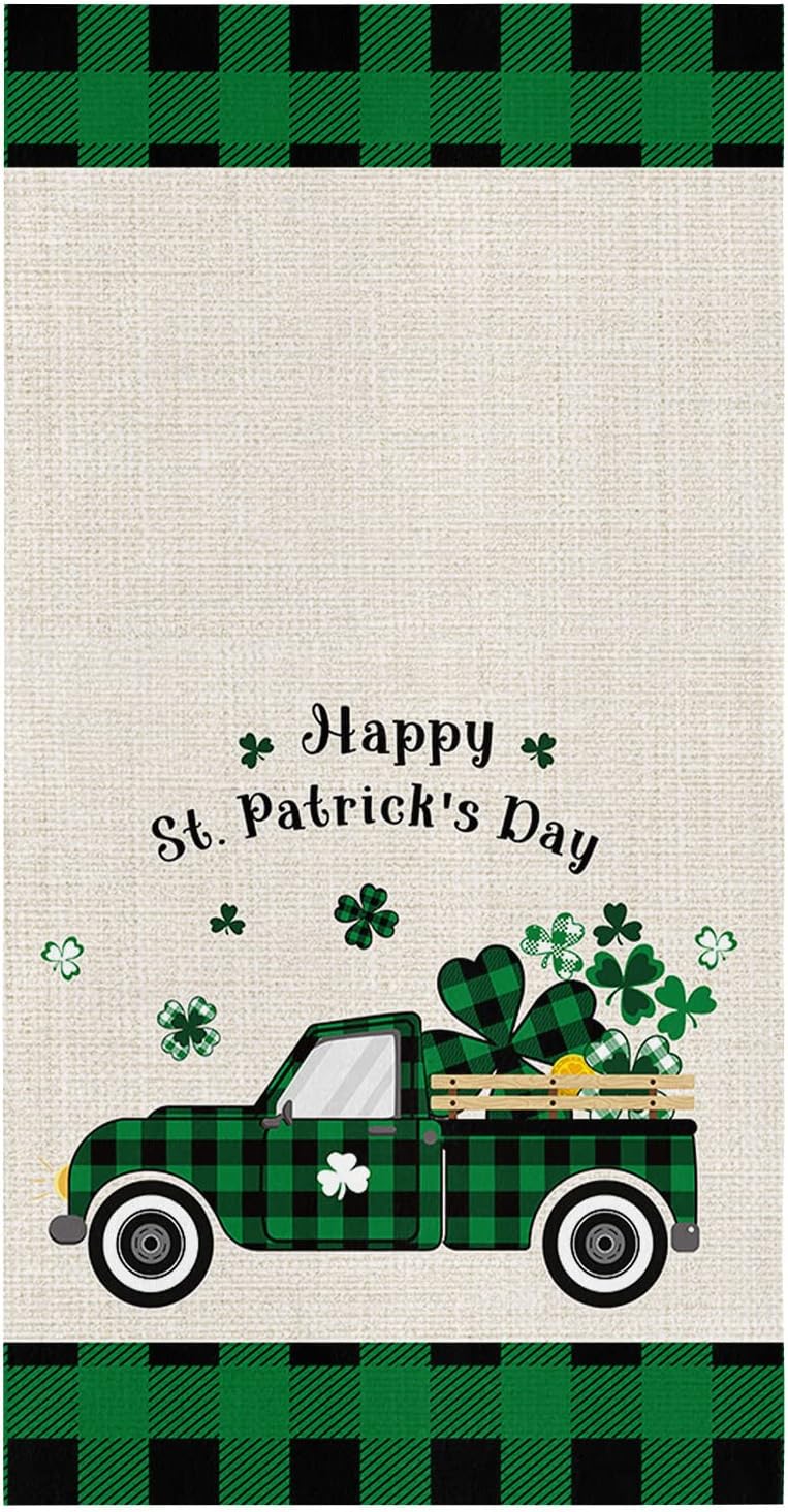 Kitchen Towels Cotton Dish Towel,St. Patrick's Day Four-Leaf Clover Green Grid Farm Truck Soft Dishcloth Absorbent Tea Towel,Shamrock Linen Texture Reusable Washable Hand Towels 1 Pack