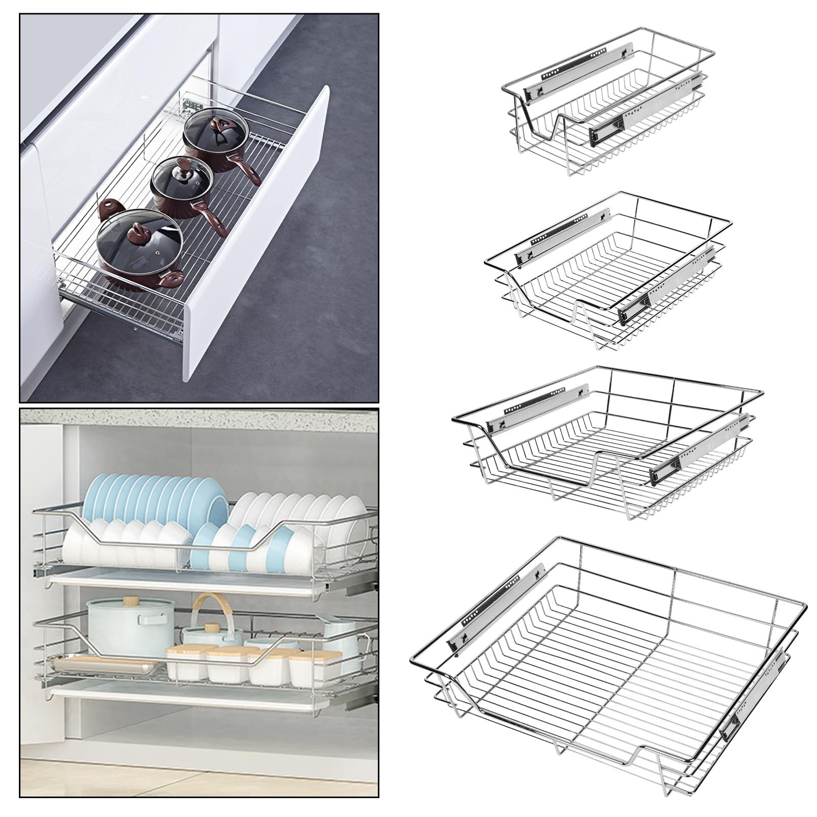 Teleskopschublade 4er Set 60cm, Schrankauszug Vollauszug mit Doppelschienensystem, 20 kg Tragfähigkeit, Ausziehbare Küchenschublade aus Metall für Küchenschrank, Bad und Waschraum