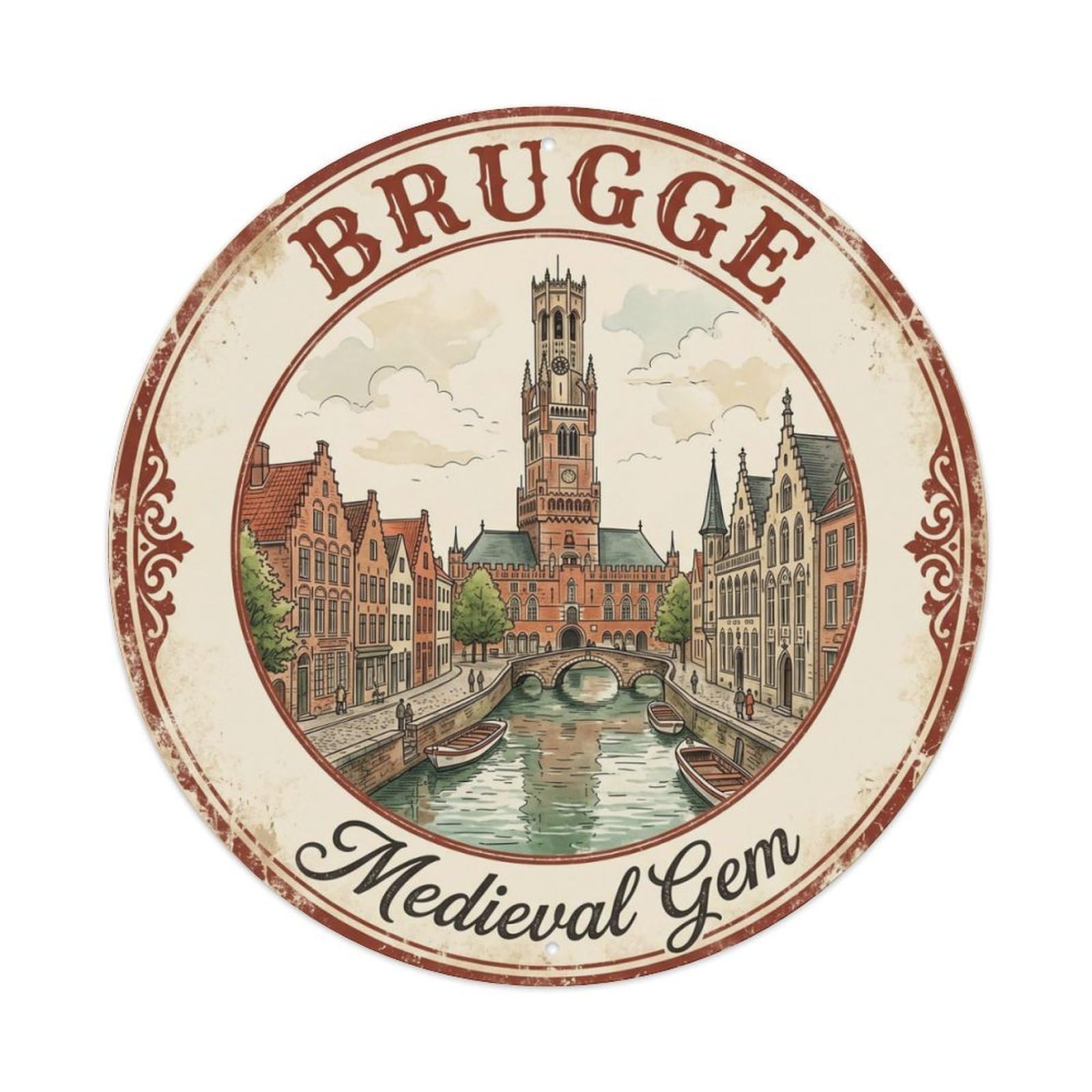 Vintage Travel Bruges Medieval Canals Metal Tin Sign Plaque Wall Decor for Cafe, Club, Garden Round Metal Poster 8x8Inch