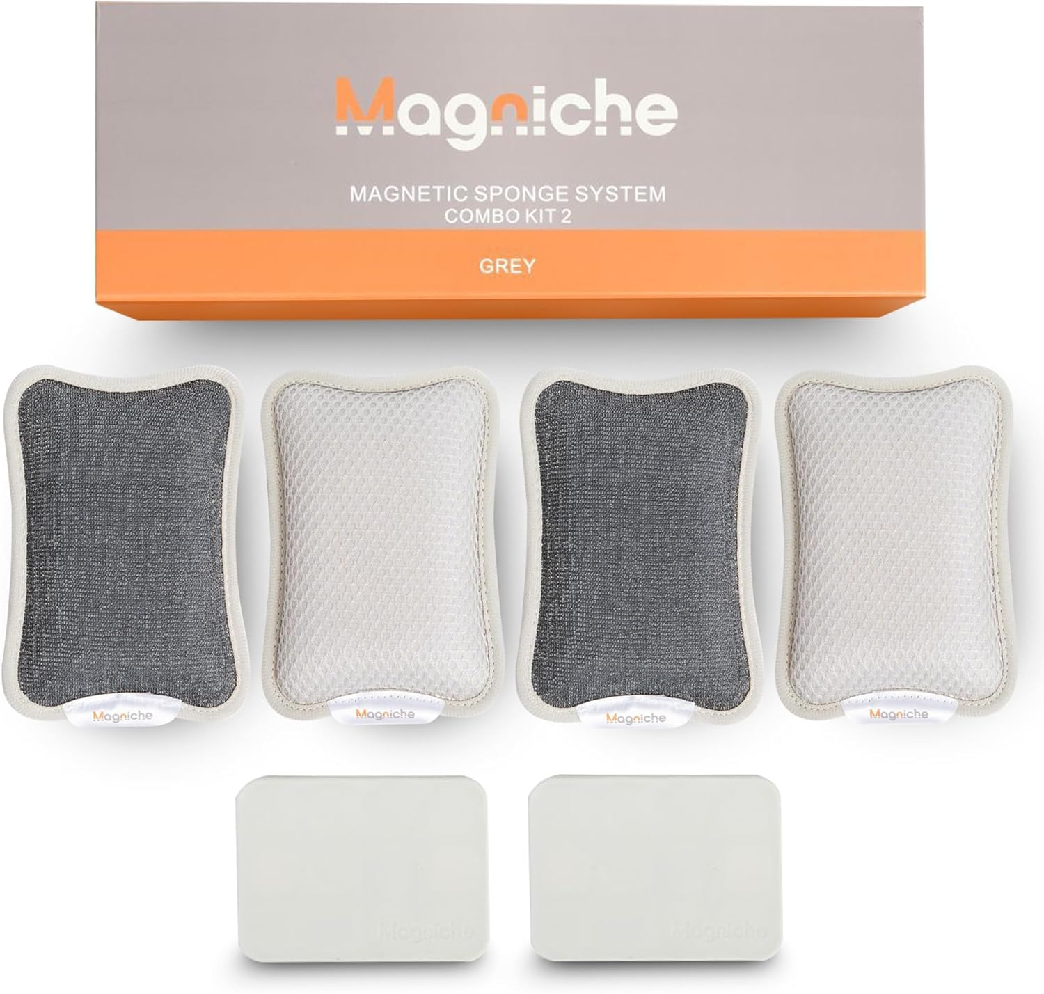 Magniche Magnetic Dish Sponge System - 3-in-1 Magnetic Sponge Holder + Dual-Sided Kitchen Sponge & Metal Scrubber, Dishwasher Safe, 1-Year Supply, Combo Pack (4 Sponges + 2 Magnetic Holders)