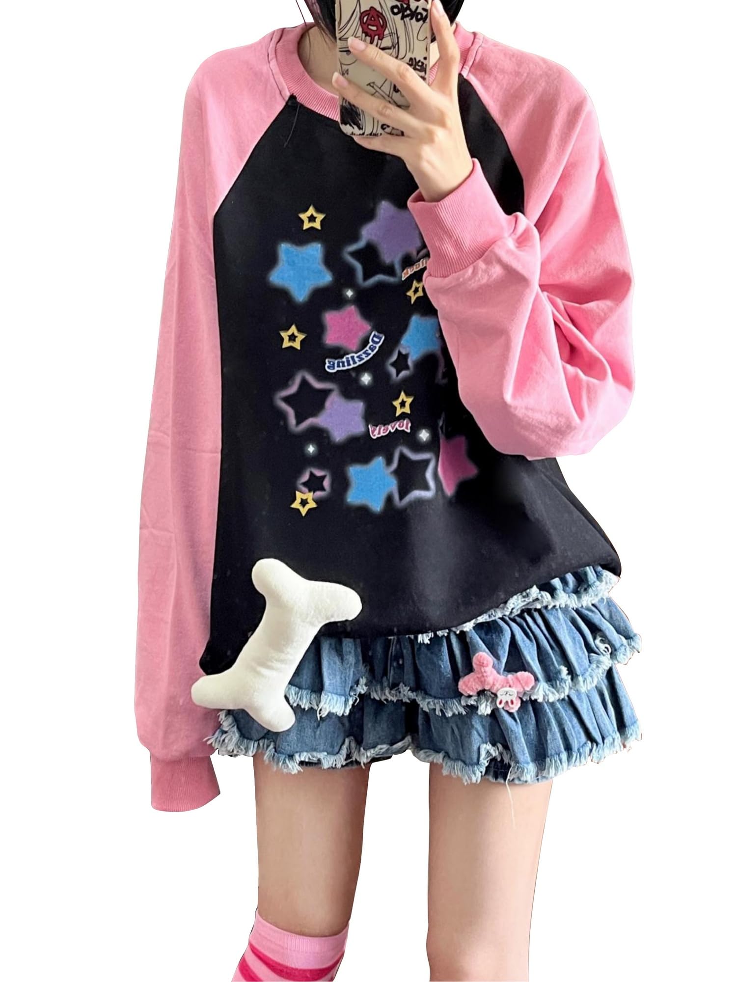 OATSBAS Womens Oversized Graphic Crewneck Sweatshirts y2k Star Print Long Sleeve Cute Sweatshirts for Teen Girls