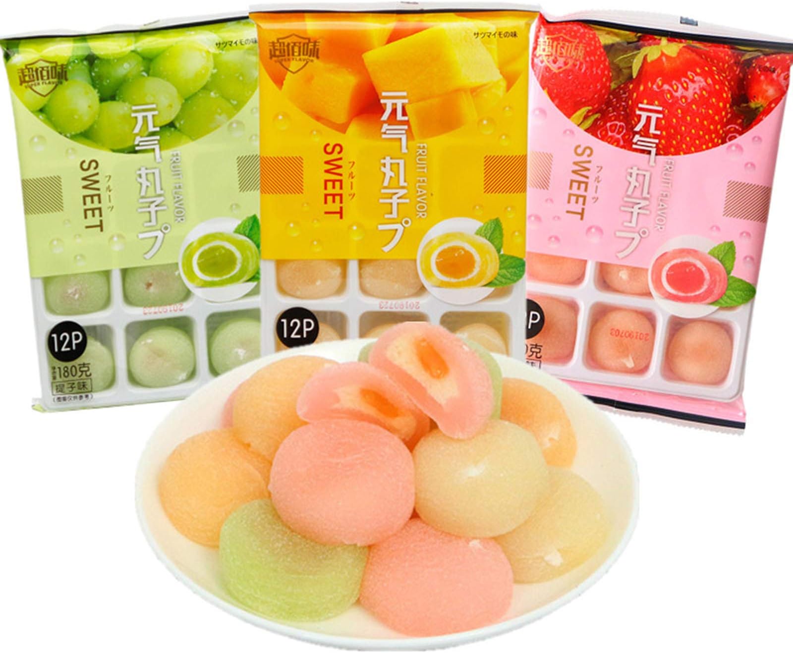 540g Japanese Mochi Fruits Rice Cake, Traditional Pastry Dessert Mochi, Strawberry, Grape, Mango 3 Flavors Mixed Packaging, for the Perfect Dessert for Office and Leisure Time