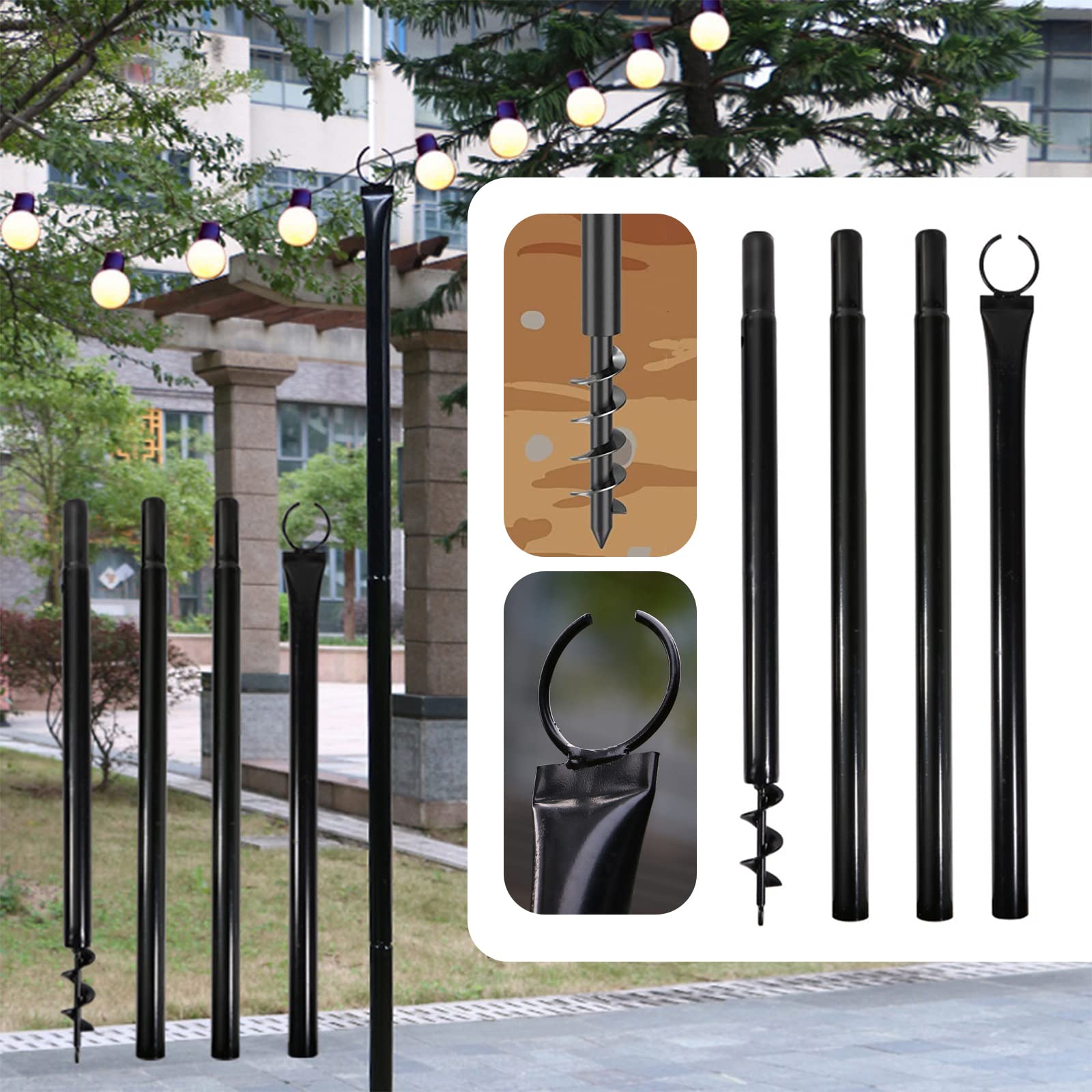 MENAYODA 2 Stück Lichterkettenstangen für den Außenbereich, 2.4m Stangen für Außenlichterkette, Metallstangen mit Haken für Terrassen-Lichtstangen, Gartenparty, Hinterhof, Partys