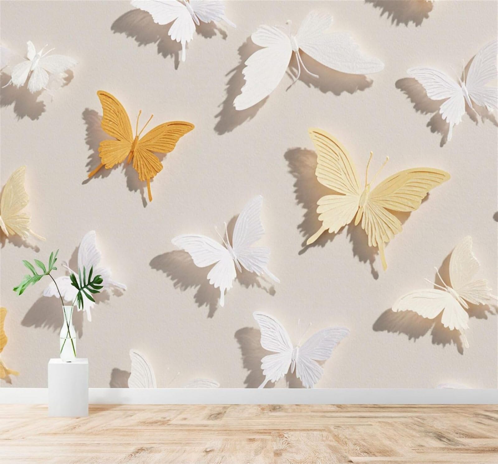XLMING White Gold Butterfly Minimalist Art 3D Wallpaper Silky Texture Home Study Office Grey Dining Room Sofa Bedroom Living Room TV Backdrop-250cm×170cm