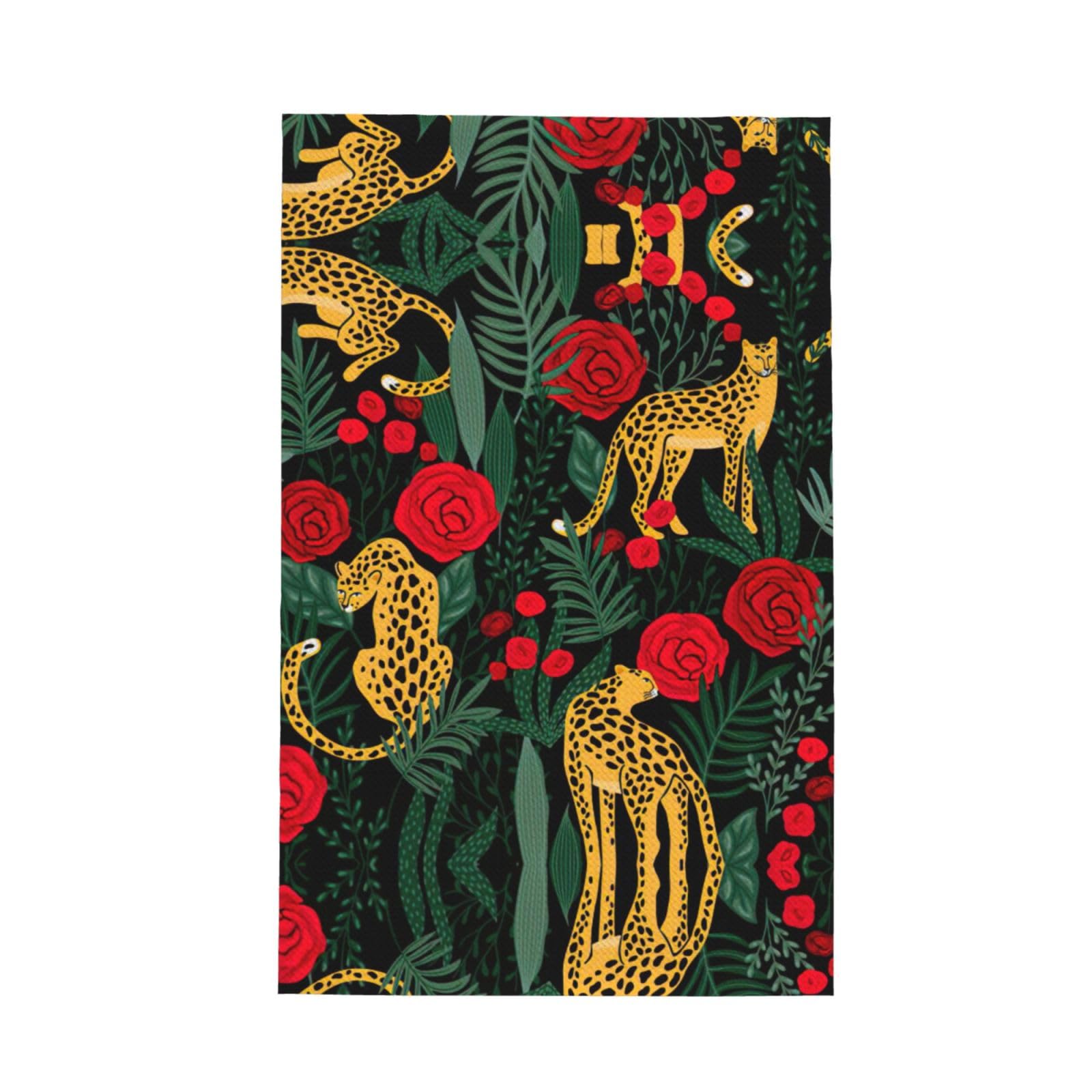 Xxahnbm Black Leopard And Roses Print Waffle Kitchen Towel,Absorbent Hand Towel
