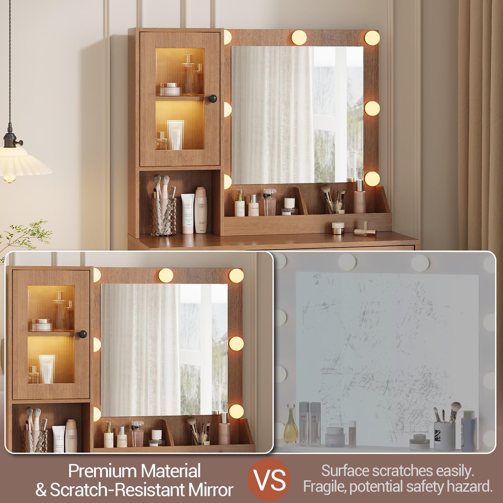 Tocador con Espejo e iluminación Elegante tocador con cajones y armarios, Espacio de Almacenamiento, MDF Resistente, Luces Regulables, enchufes Integrados y Puertos USB para Dormitorio