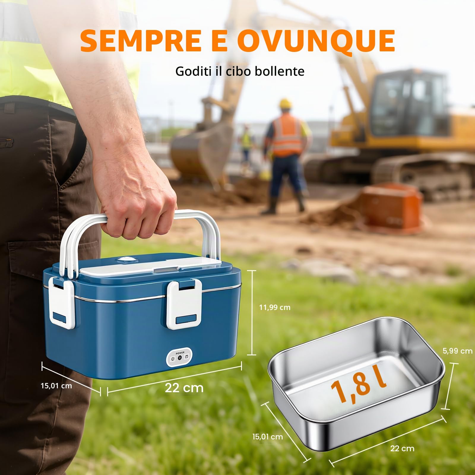Scaldavivande Elettrico Portatile 100W 1.8L Lunch Box Termico 3 in 1(12V/24V/240V) per Auto Camion e Ufficio, Porta Pranzo Riscaldabile in Acciaio Inox con Borsa Forchetta e Cucchiaio