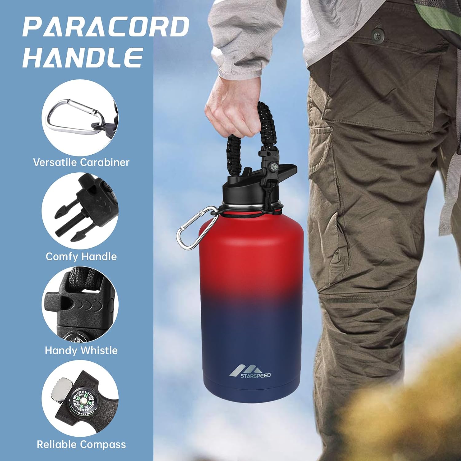 StarSpeed 64oz Insulated Water Bottle with Straws & 2 Lids, Half Gallon Stainless Steel Double Walled Vacuum Water Jug, Large Wide Mouth with Paracord Handle for Gym Camping Hiking, Red Blue - Image 4