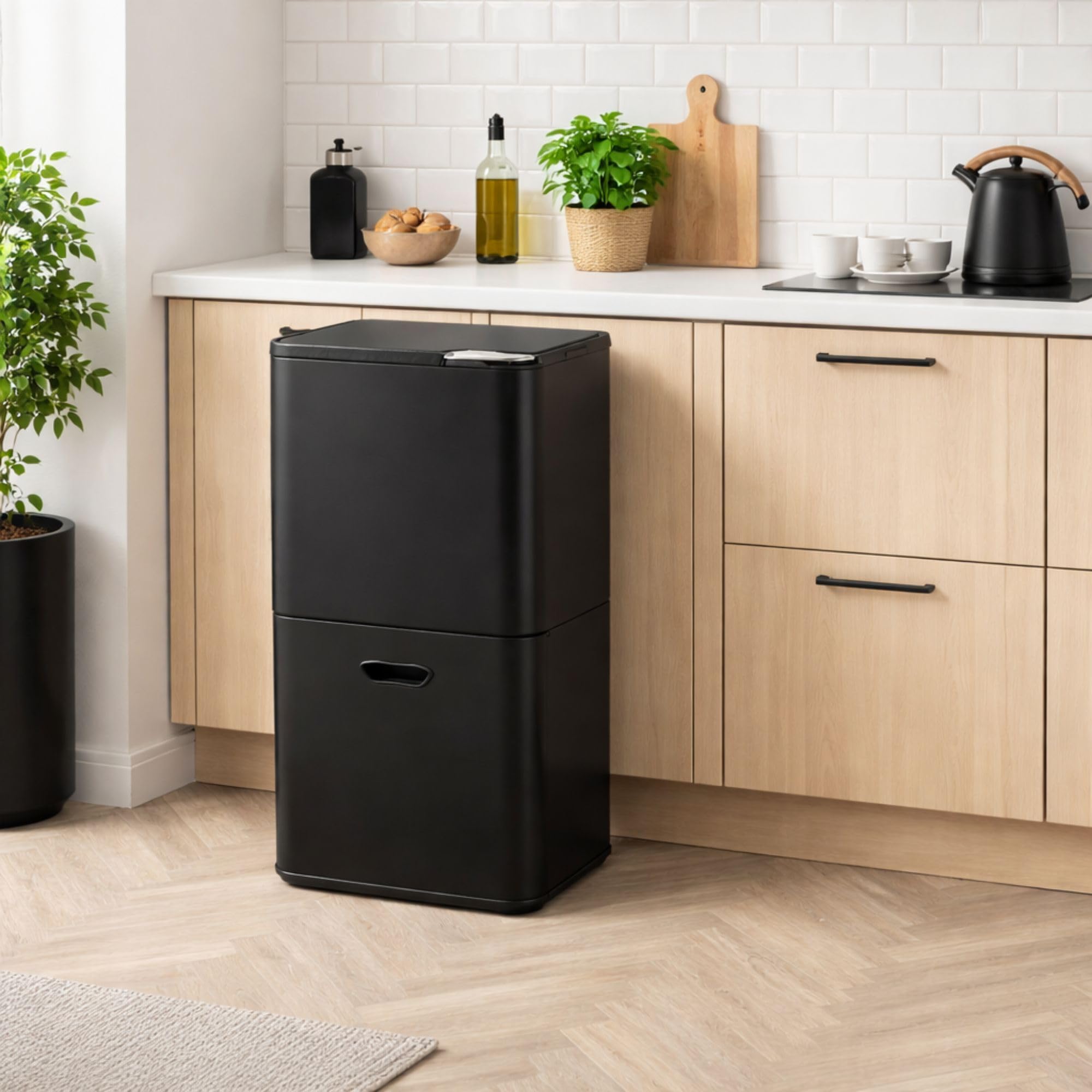 Bayt Poubelle De Tri Sélectif 60 L Pour La Cuisine - Poubelles De Cuisine À Double Bac De 60 Litres Pour Le Tri Des Déchets | Poubelle Verticale En Acier Inoxydable Noir Mat