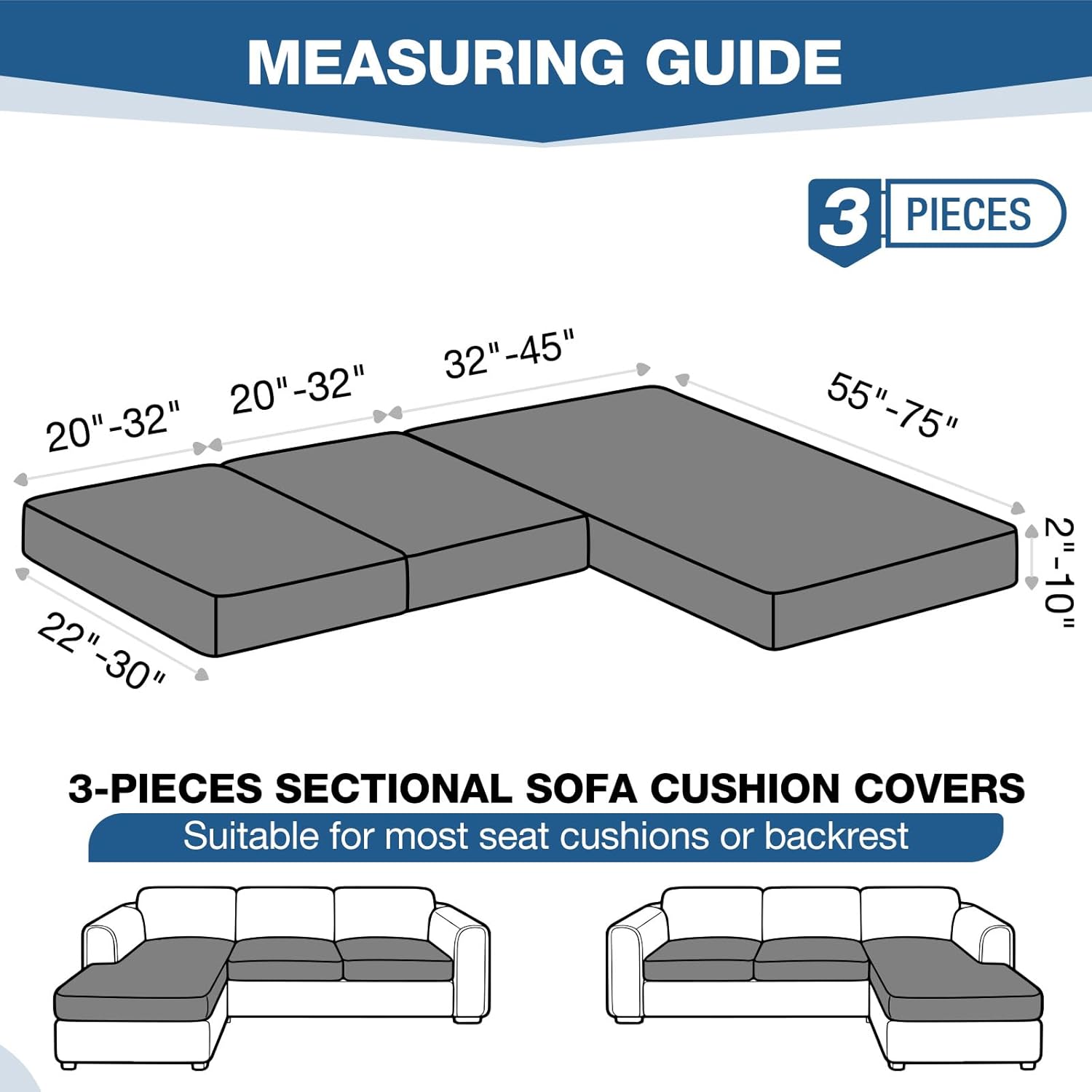 TAOCOCO Sectional Couch Covers Stretch Couch Cushion Covers for Sectional Sofa Chaise L Shape, 3 Pieces Sectional Seat Covers Soft Washable Furniture Protector(2 Seater + 1 Chaise, Dark Grey)