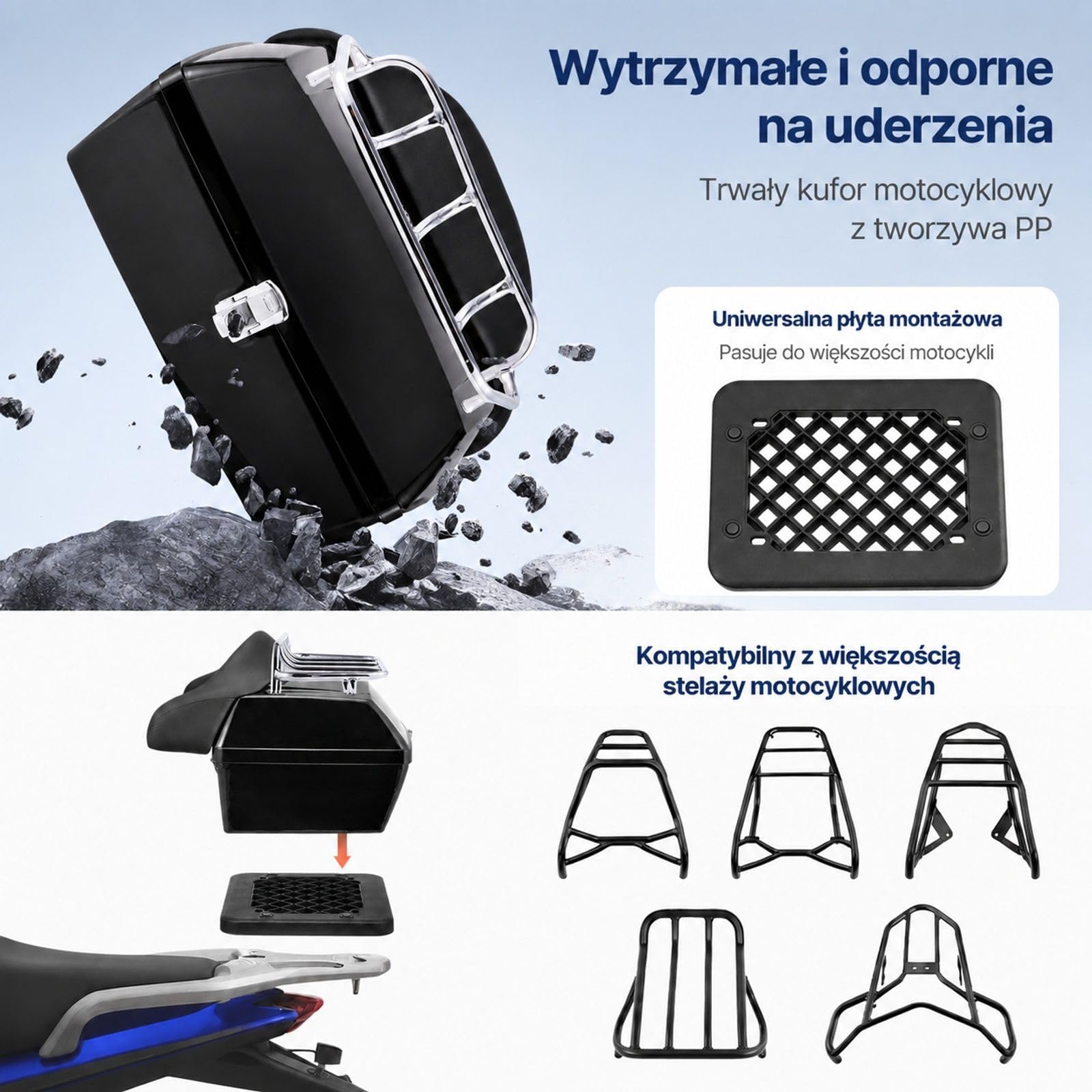Kufer motocyklowy 48L, uniwersalna skrzynia z PP na tylny bagażnik do
