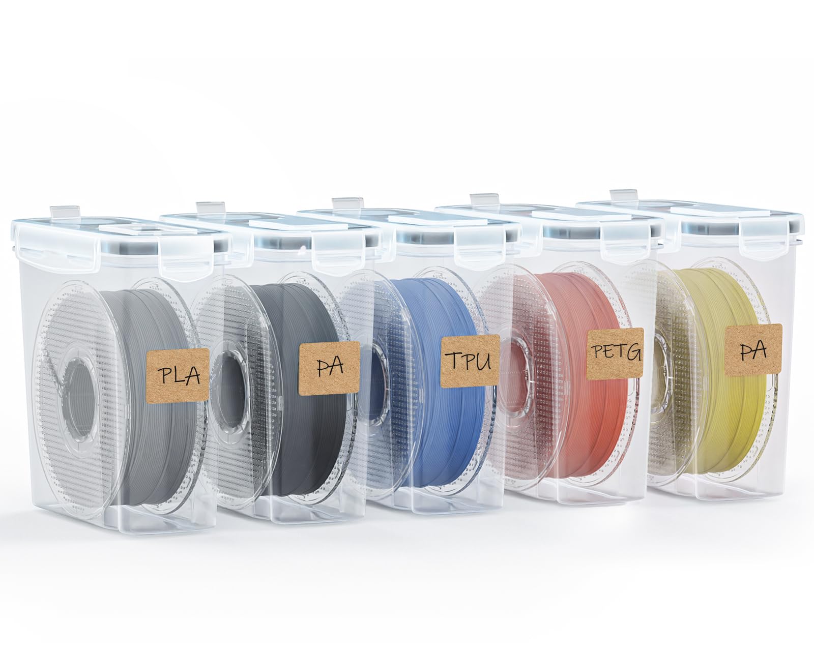 YOOPAI Caja de almacenamiento de filamentos, paquete de 5 recipientes de filamento para sellado y protección de impresión 3D, caja de almacenamiento portátil con desecantes y etiqueta para el hogar y