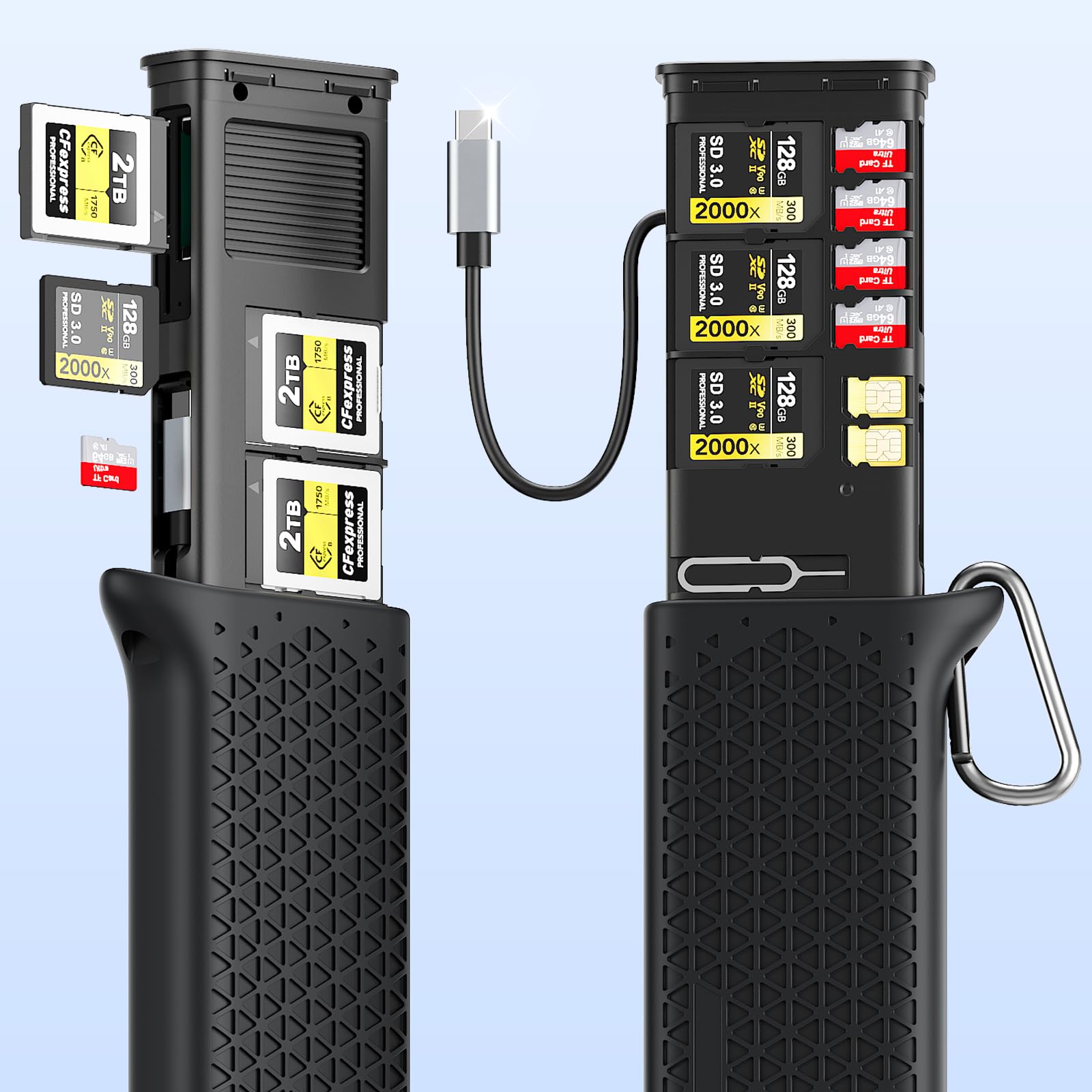 Lettore di Schede CFexpress Tipo B/SD/Micro SD USB3.2 Gen2 10Gbps,USB-C e USB-A Caso del lettore Kit Adattatore per 2XCFe TypB +3XSD+ 4XTF+ 2XSIM Compatibile con Fotografia/telefoni/droni/Action Cam