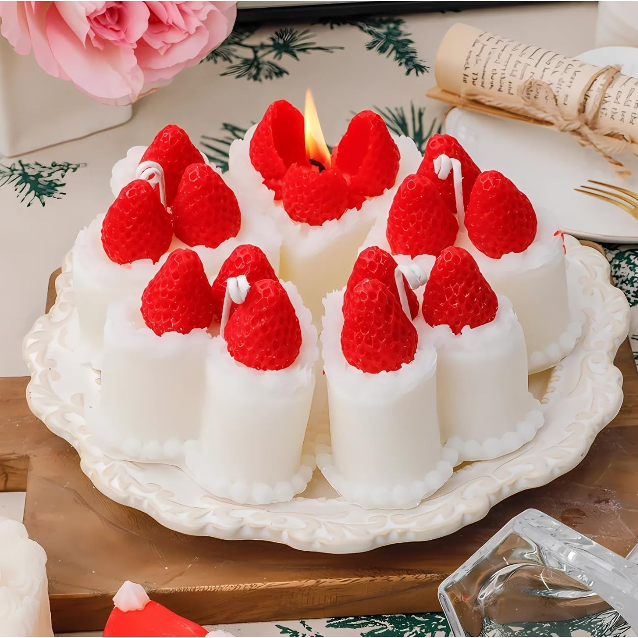 Strawberry Cake Candle, Handmade, Scented Birthday Cake Candle, Decorative Fake Food for Home Décor, Gift for Women & Girls, 3.15"x3.15" - Image 5