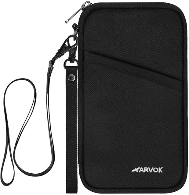 Arvok Portfel podróżny, blokujący RFID rodzinny uchwyt na paszport ze zdejmowanym paskiem na nadgarstek i paskiem na szyję, wodoodporny organizer na dokumenty biletów, etui na zamek błyskawiczny dla kobiet i