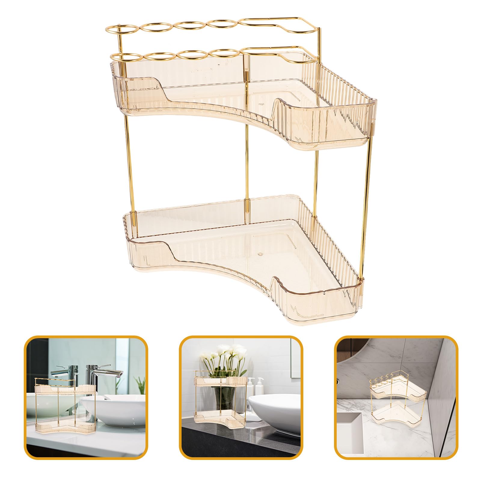 Organizer da Bagno Angolare in Metallo Oro a Doppio Livello, Struttura Semplice e Capacità di Carico Elevata, per Piano Lavabo la Conservazione Cosmetica