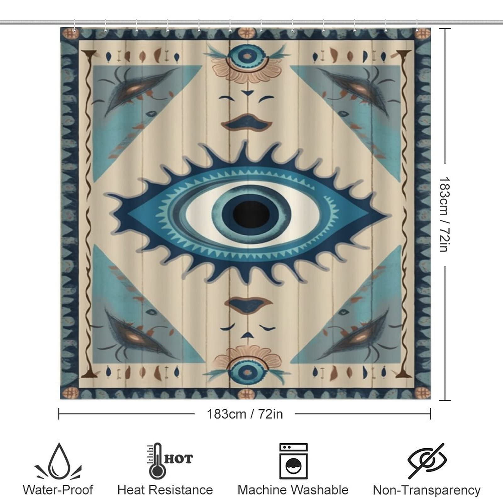 VHPVHP 4 Pcs Bathroom Shower Curtain Set,Bathroom Sets with Rugs (Bath Mat,U Shape and Toilet Lid Cover Mat), Evil Eye Tribal Boho Retro Bathroom Decor Set