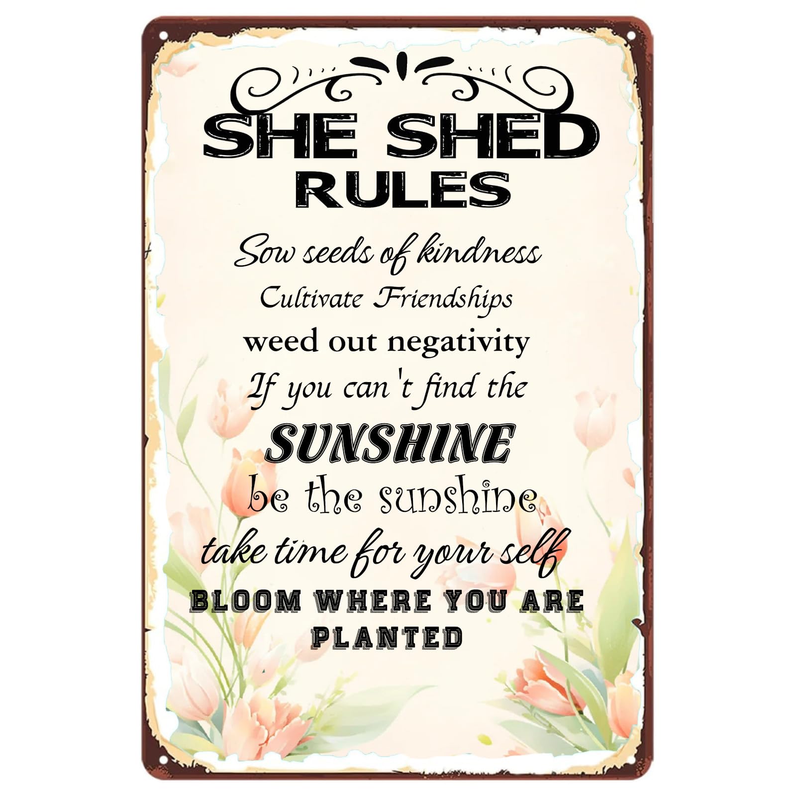 Elegant She Shed Rule Vintage Metal Sign Positive Life Slogan Garden Themed Inspirational Wall Decor for Home Cafe 12x8 Inch