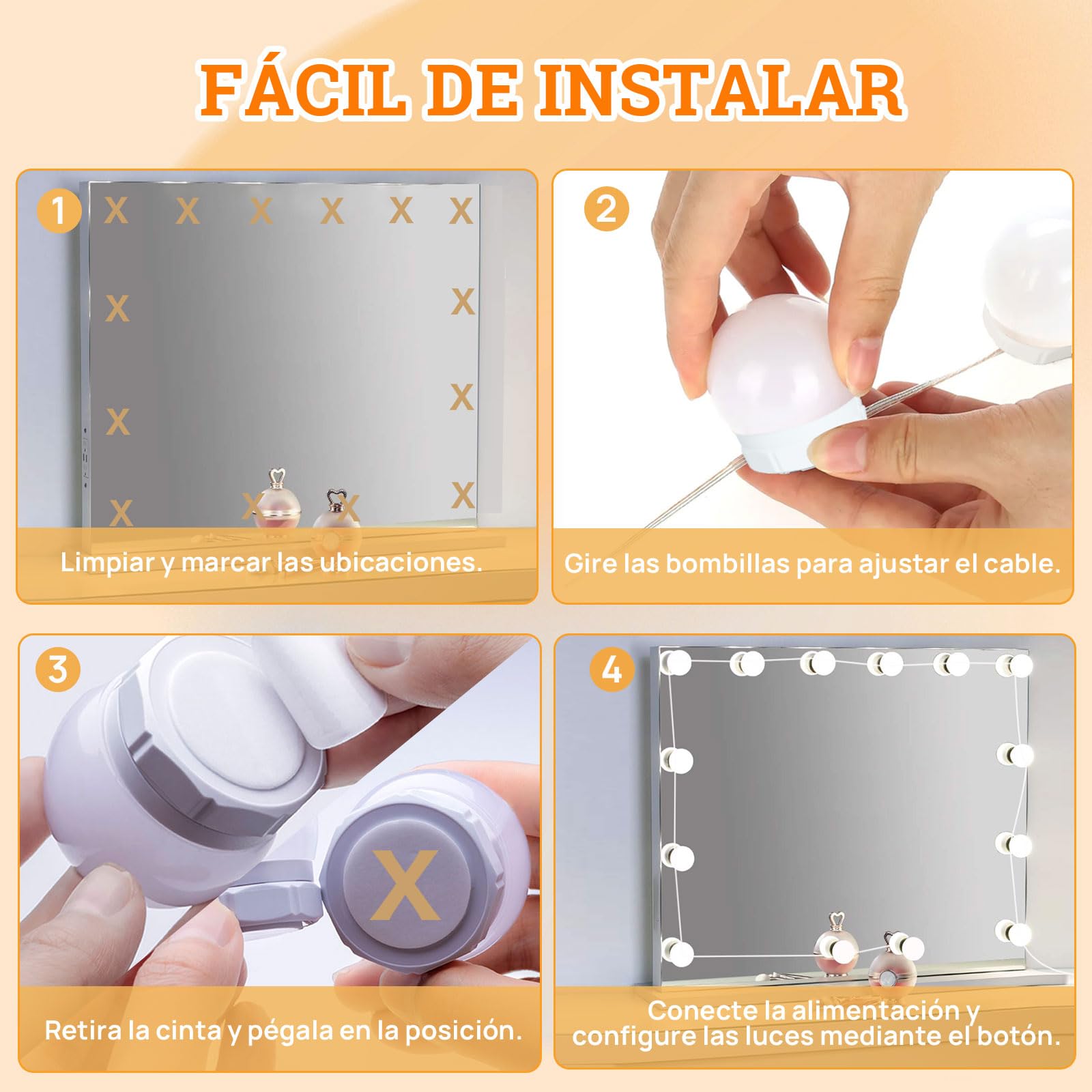 Akynite Lumière de Miroir Kit de 14 Ampoules avec Adaptateur, USB Câble Réglable, 3 Couleurs et 10 Intensités, Miroir LED Hollywood Dimmable, Lampe Coiffeuse Maquillage Make Up Eclairage Adhesif