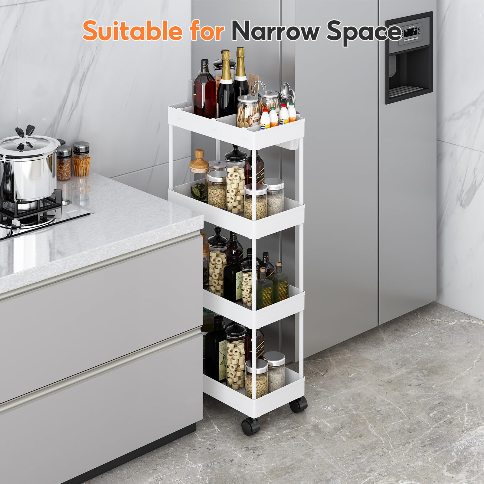 Shirvee 3PCS Carrello con Ruote a 4 Ripiani Mobile Rotelle Salvaspazio Storage Rack Bagno Cucina per Portavivande Portafrutta (Bianco)