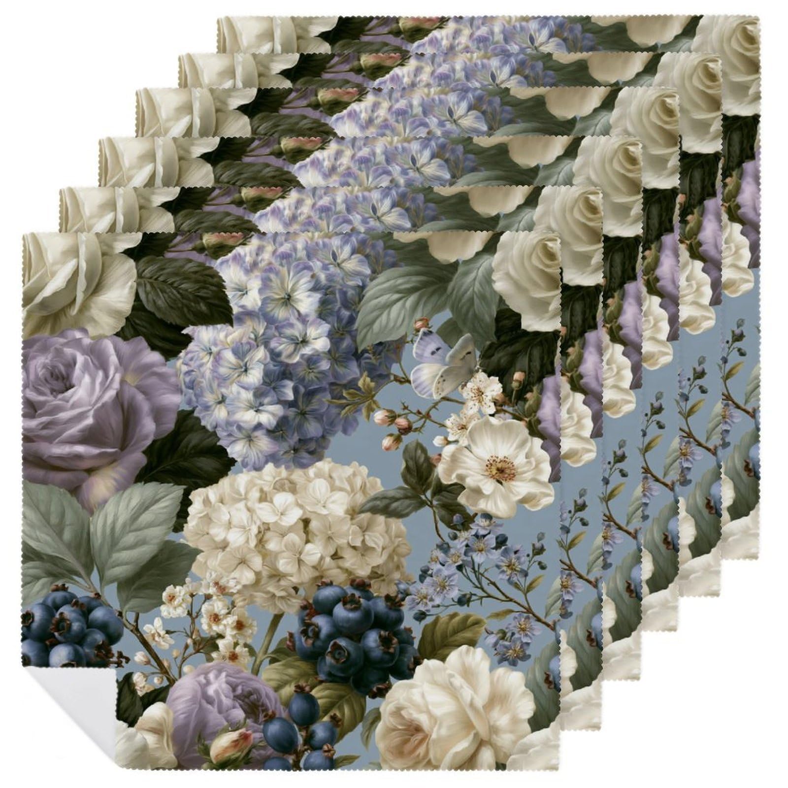 Luxury Botanical Roses Hydrangeas Blueberry Clusters Cloth Napkins Set of 6, Square Premium Reusable Washable Polyester Table Linen Napkin for Dinner Party