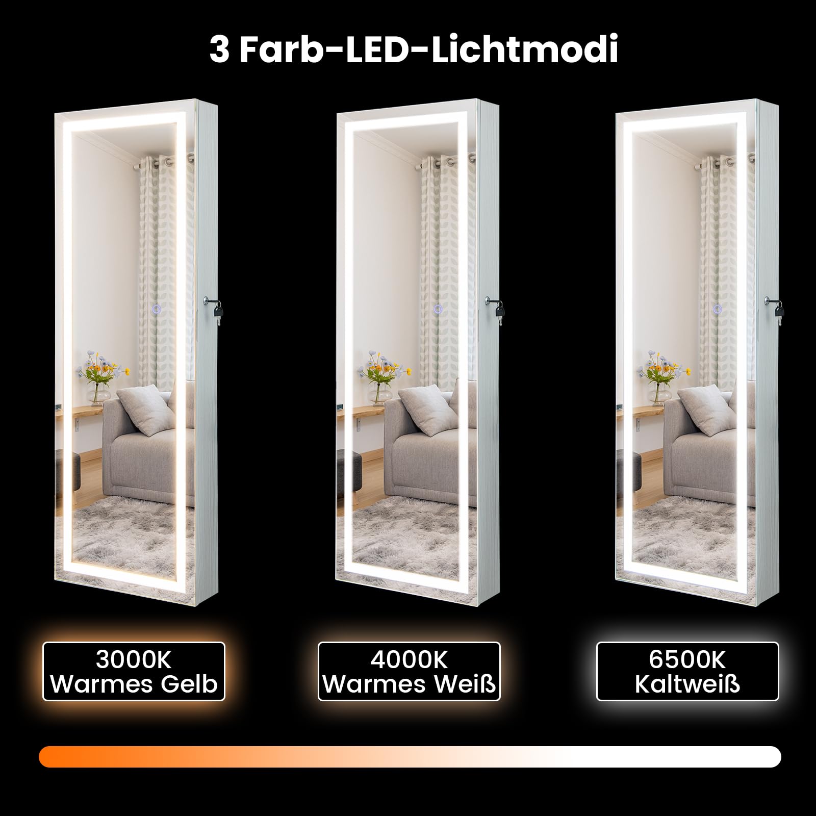 RELAX4LIFE Schmuckschrank mit 2 Spiegel & Touchscreen-LED-Licht, Schmuckregal mit Schloss, Schmuckorganizer für Ohrringe & Armband & Kette & Ringe & Kosmetik, Tür- & Wandmontage (Weiß)