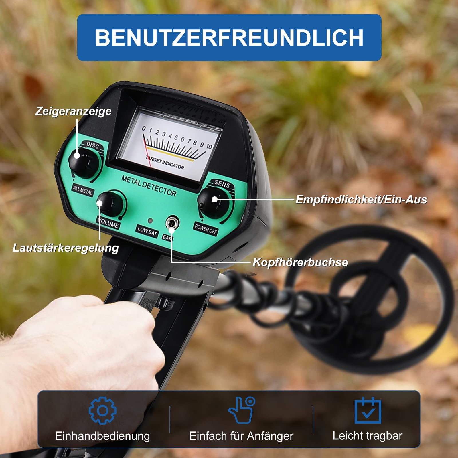 Metalldetektor, Metalldetektor Profi für Erwachsene Anfänger und Kinder - Leichter Hochpräziser Metalldetektoren mit Schaufel, Batterie & Wasserdichter Suchspule verstellbarem Länge (78–107 cm)