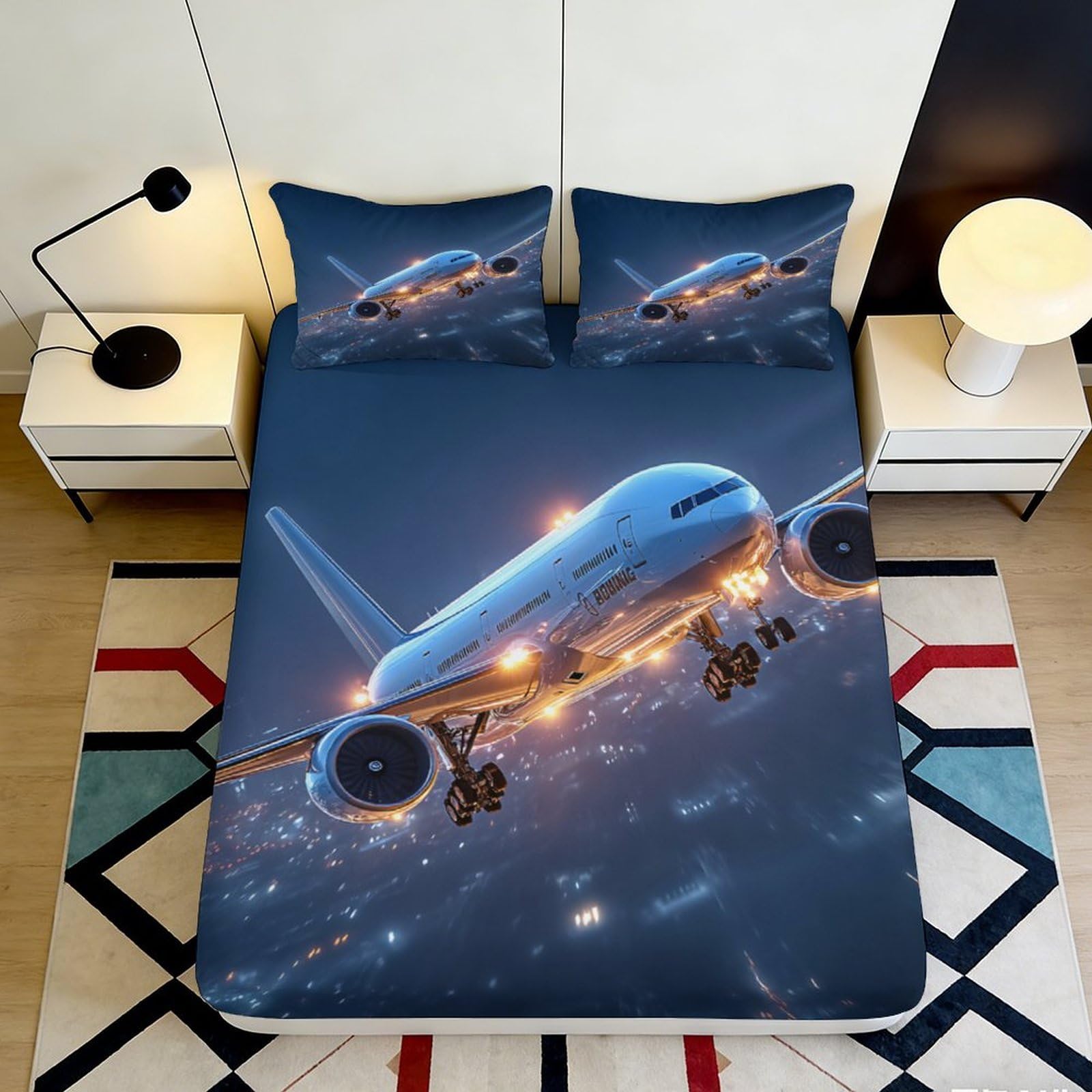 3D Printed Airplane Fitted Sheet Microfiber Deep Pocket Bedroom Bedding Airplane Mattress Fitted Cover Elastic Hem Washable 160x200x25cm