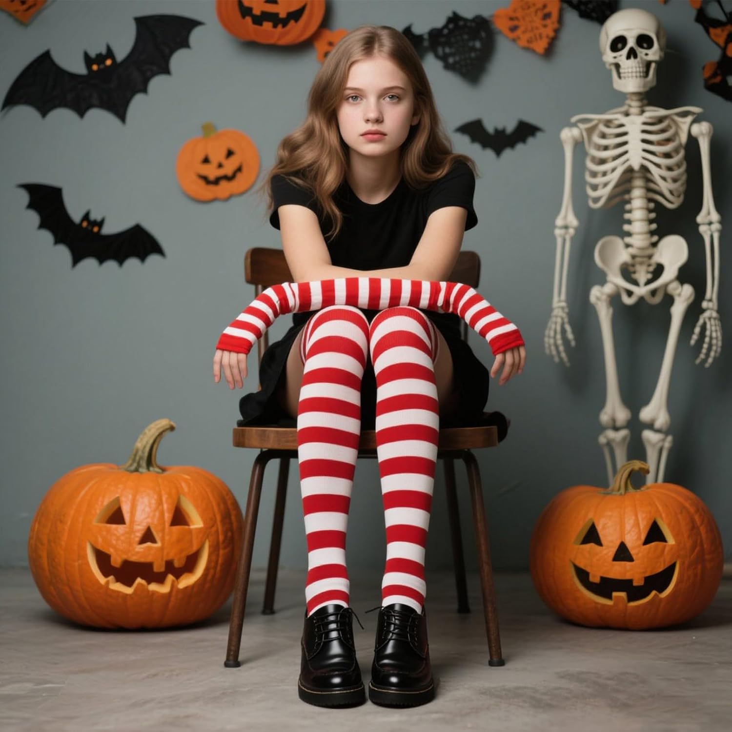 Red and White Striped High Knee Socks Candy Cane Knee Socks Long Arm Warmer Gloves for Women Girl Cosplay Costumes Accessories Cheerleading Halloween Party