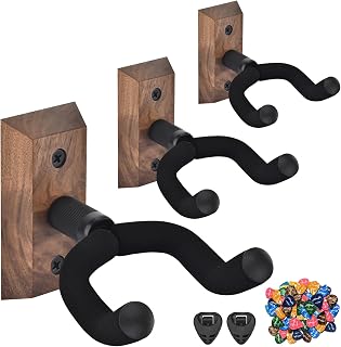 MOREYES Guitar Wall Mount 3 Pack with 40Pcs Guitar Picks, Black Walnut Wood Guitar Hanger, Rotatable U-Shaped Guitar Wall Hanger, Guitar Hook for Acoustic Guitar, Electric Guitar, Bass, Black