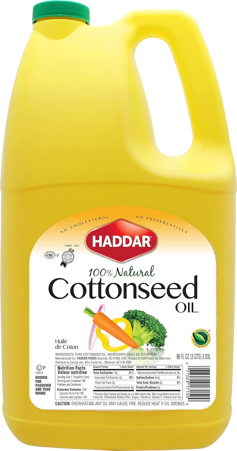 Haddar Pure Cottonseed Oil 96oz | Easy Pour Bottle with Handle, No Cholesterol or Preservatives, Perfect for Frying