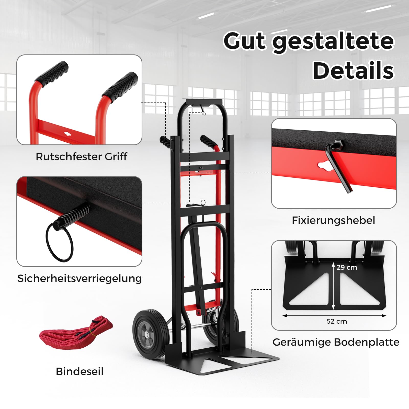COSTWAY Wózek transportowy 3 w 1, wózek transportowy z obciążeniem do 360 kg/450 kg, wózek ręczny z 4 gumowymi oponami, w zestawie linka do wiązania, powierzchnia ładunkowa 25 x 29 cm / 130 x 38 cm