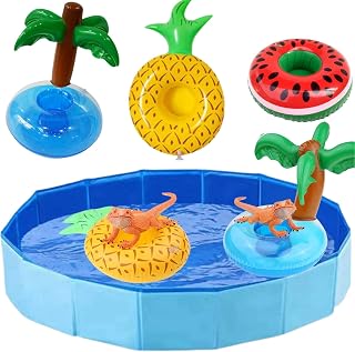 Bearded Dragon Swimming Pool with Inflatable Float Set - Foldable Collapsible Bathing Cooling Pool Bath Tub Reptile Collar Ring for Lizard Amphibians Grooming Health Supplie (50x8cm(19.7''x3.2''))