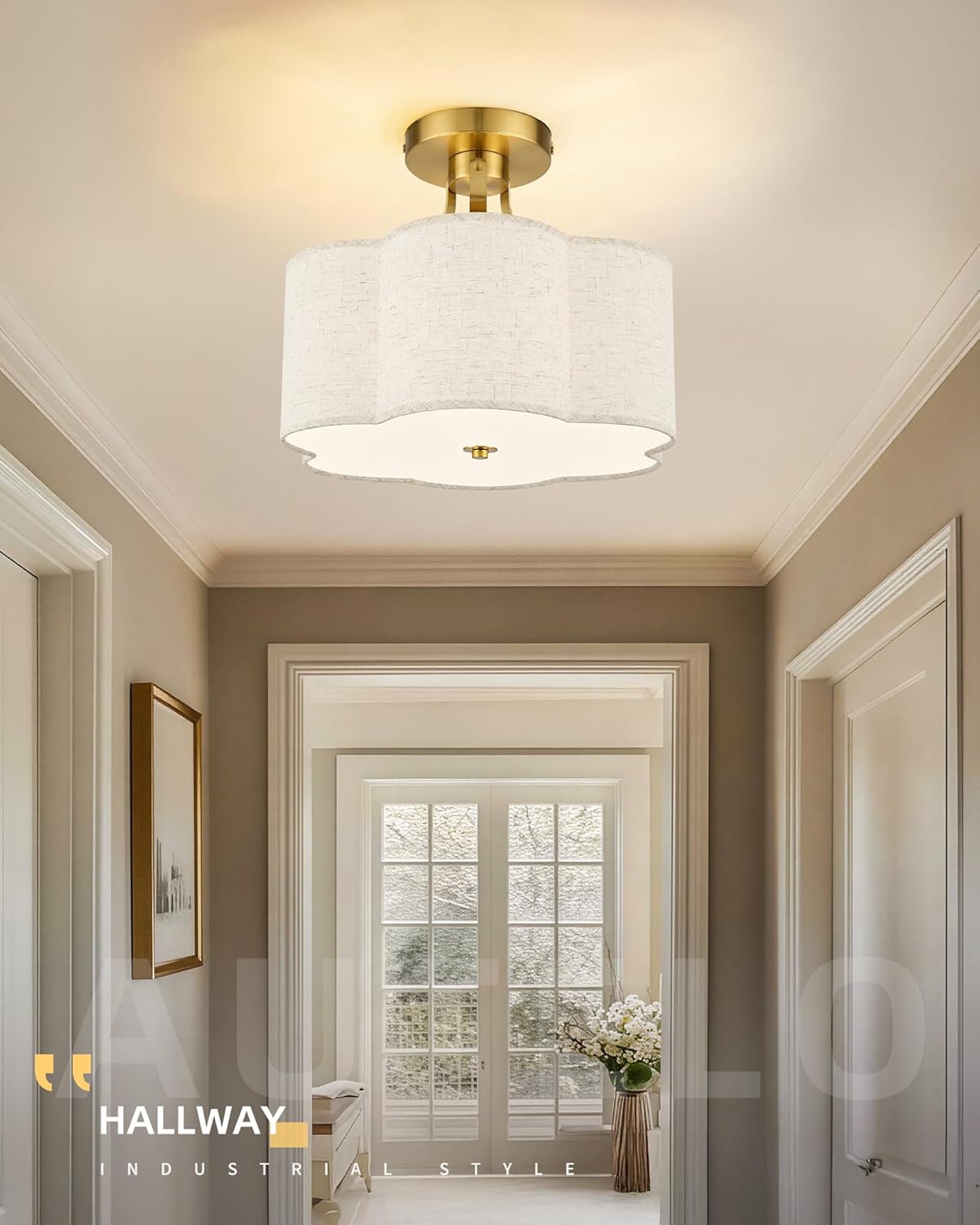 AUTELO 3-Light Semi Flush Mount Ceiling Light, Brushed Gold 12.6 Inch Modern Ceiling Light with Flower-Shaped White Fabric, Farmhouse Ceiling Light for Bedroom Hallway, C2507 BGS-6